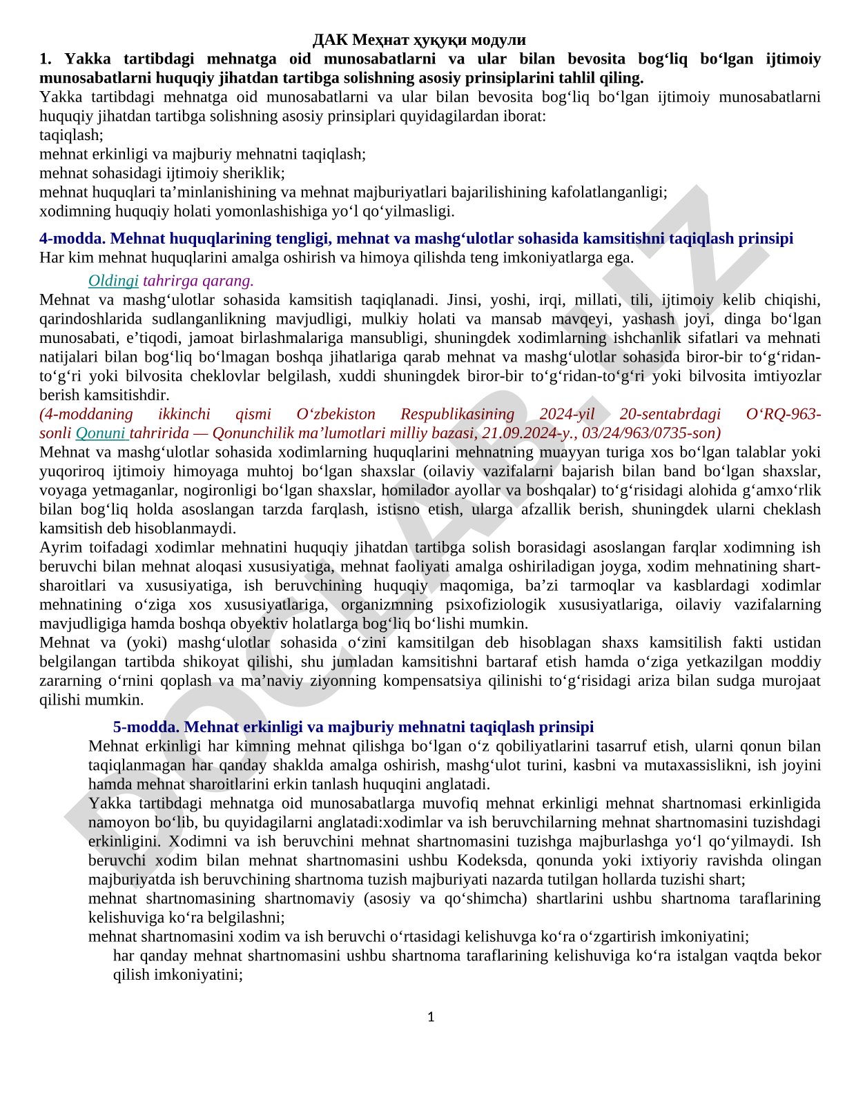 Mehnat huquqi moduli: Yakka tartibdagi mehnat munosabatlarini huquqiy tartibga solish prinsiplari