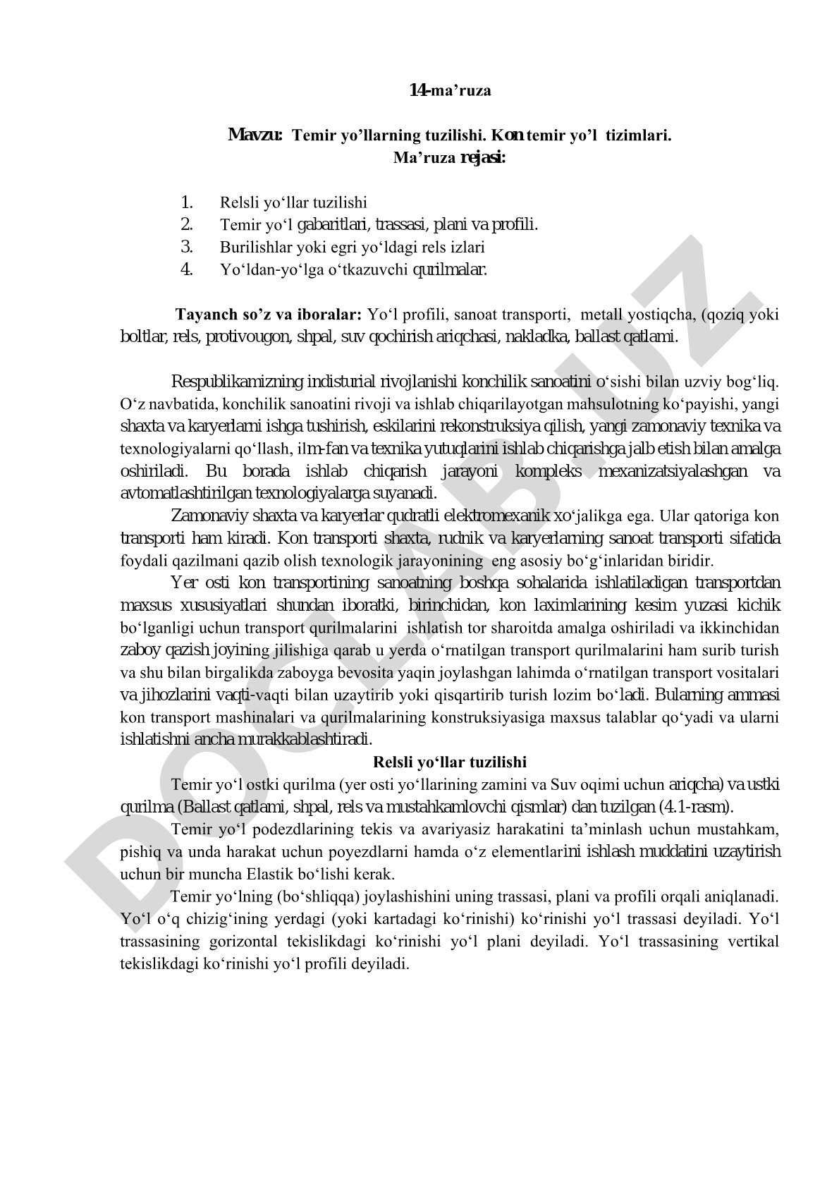 Temir yo'llarning tuzilishi. Kon temir yo'l tizimlari
