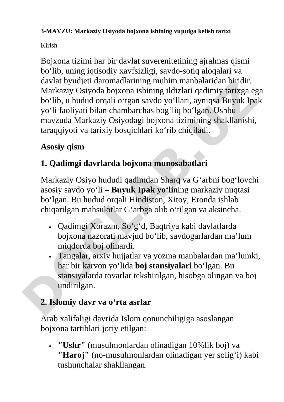 Markaziy Osiyoda bojxona ishining vujudga kelish tarixi