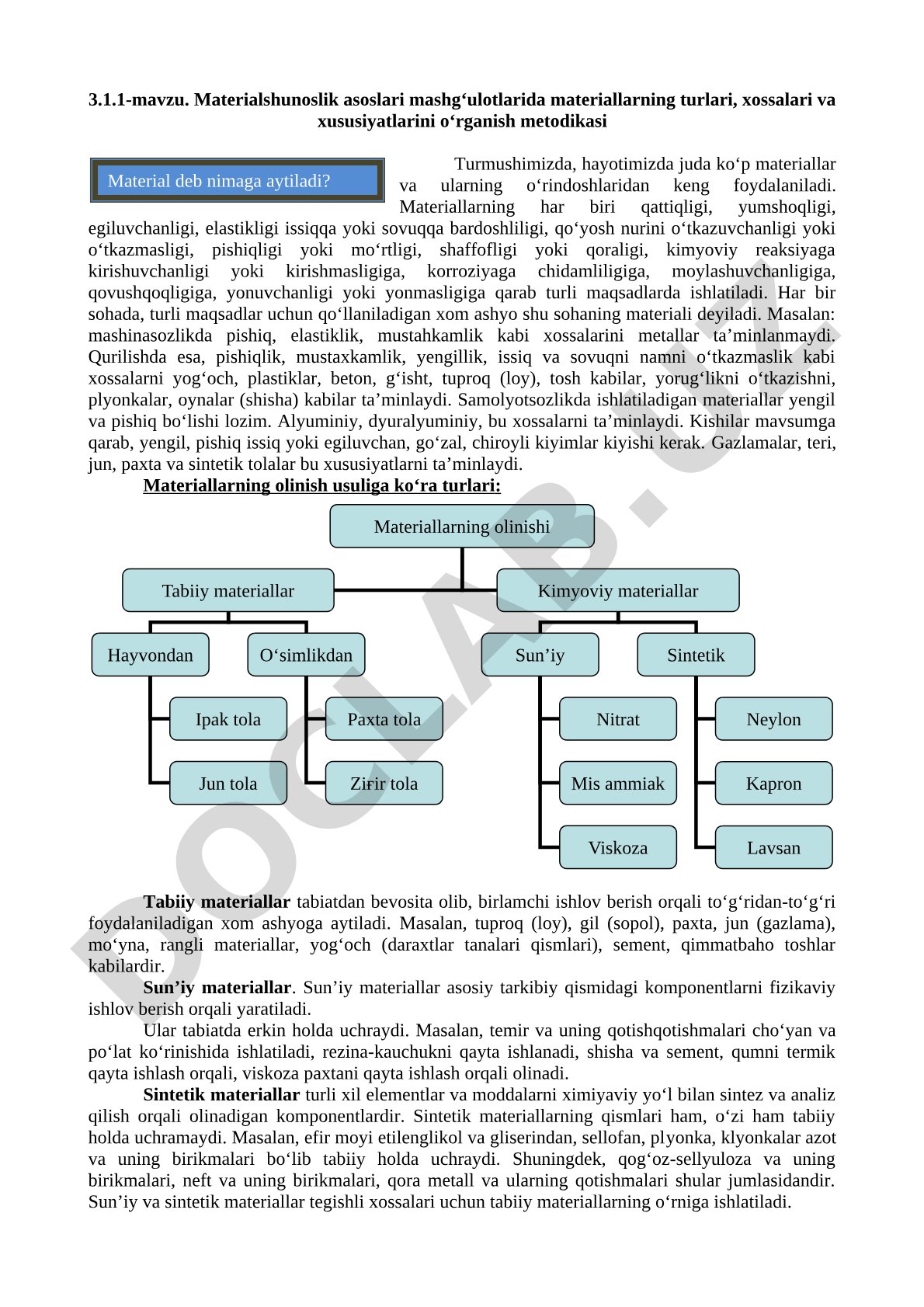 Materialshunoslik asoslari mashg'ulotlarida materiallarning turlari, xossalari va xususiyatlarini o'rganish metodikasi