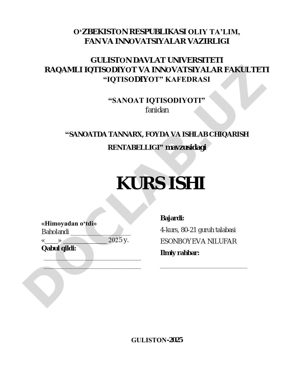 Sanoatda tannarx, foyda va ishlab chiqarish rentabelligi