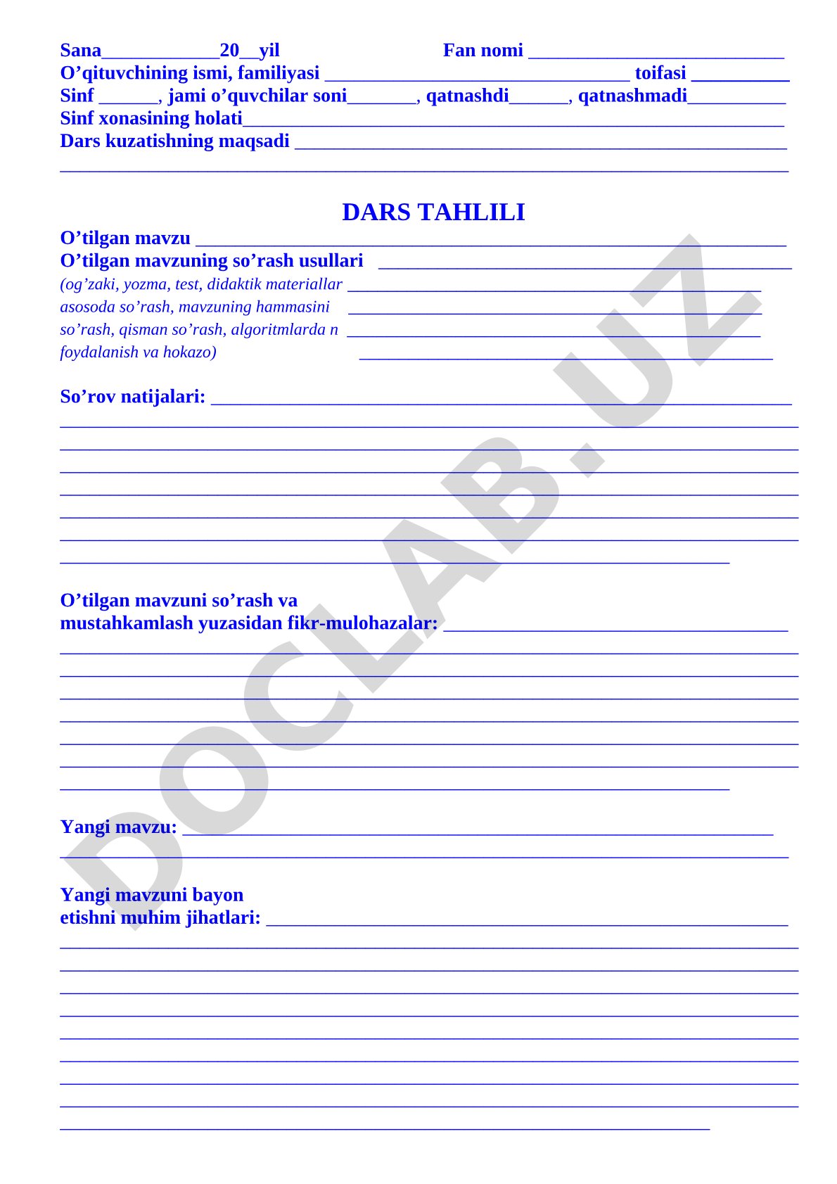 Dars kuzatish va tahlil qilish uchun namunaviy shakl