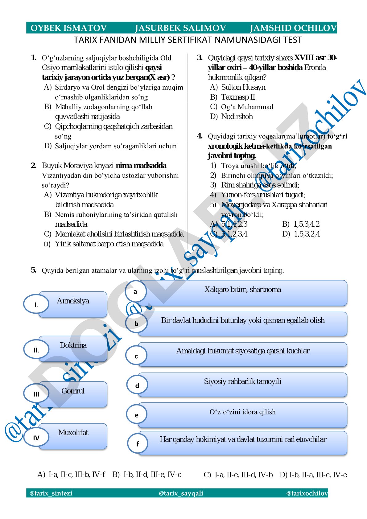 Tarix fanidan milliy sertifikat namunasidagi test