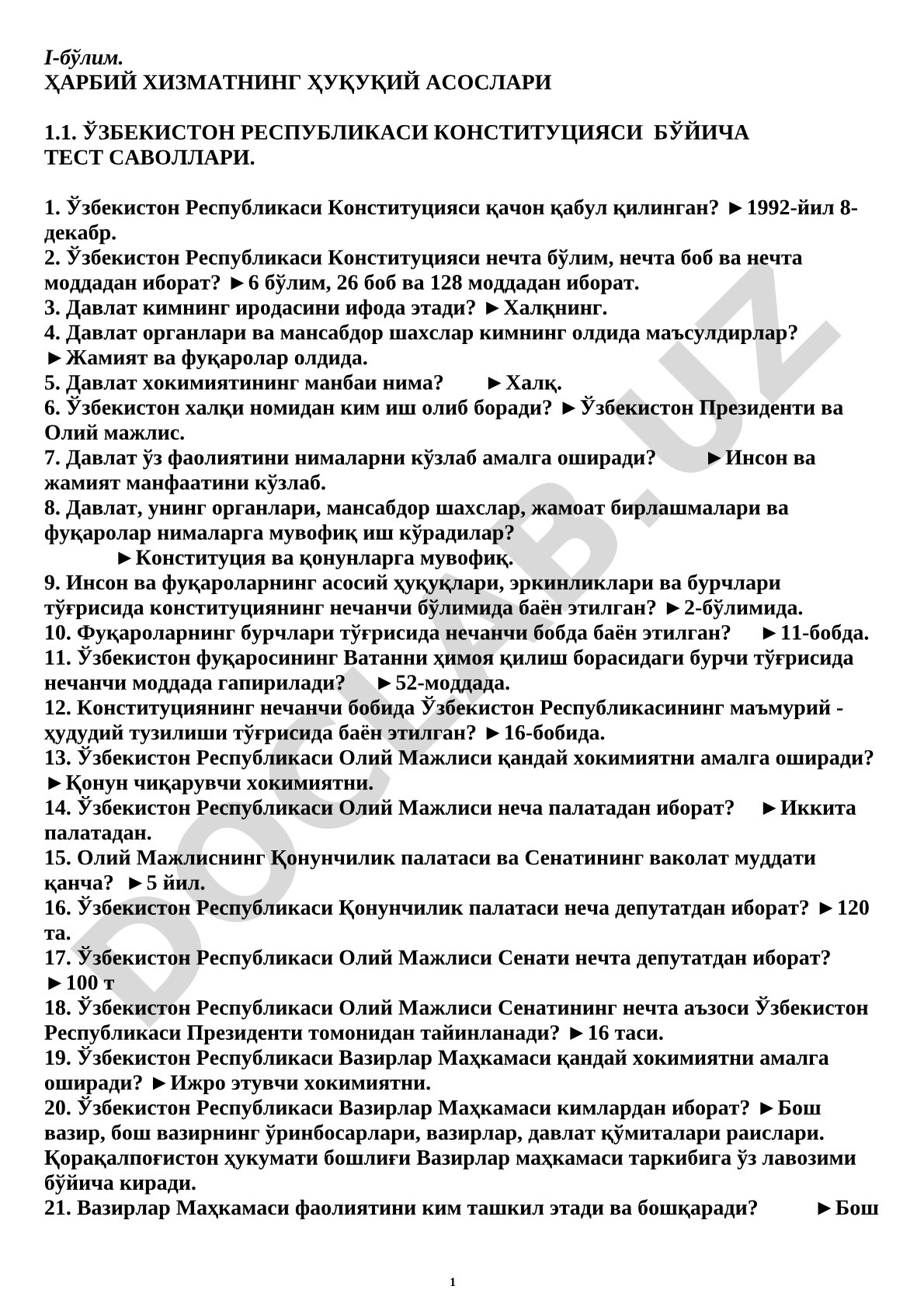 O'zbekiston Respublikasi Konstitutsiyasi bo'yicha test savollari
