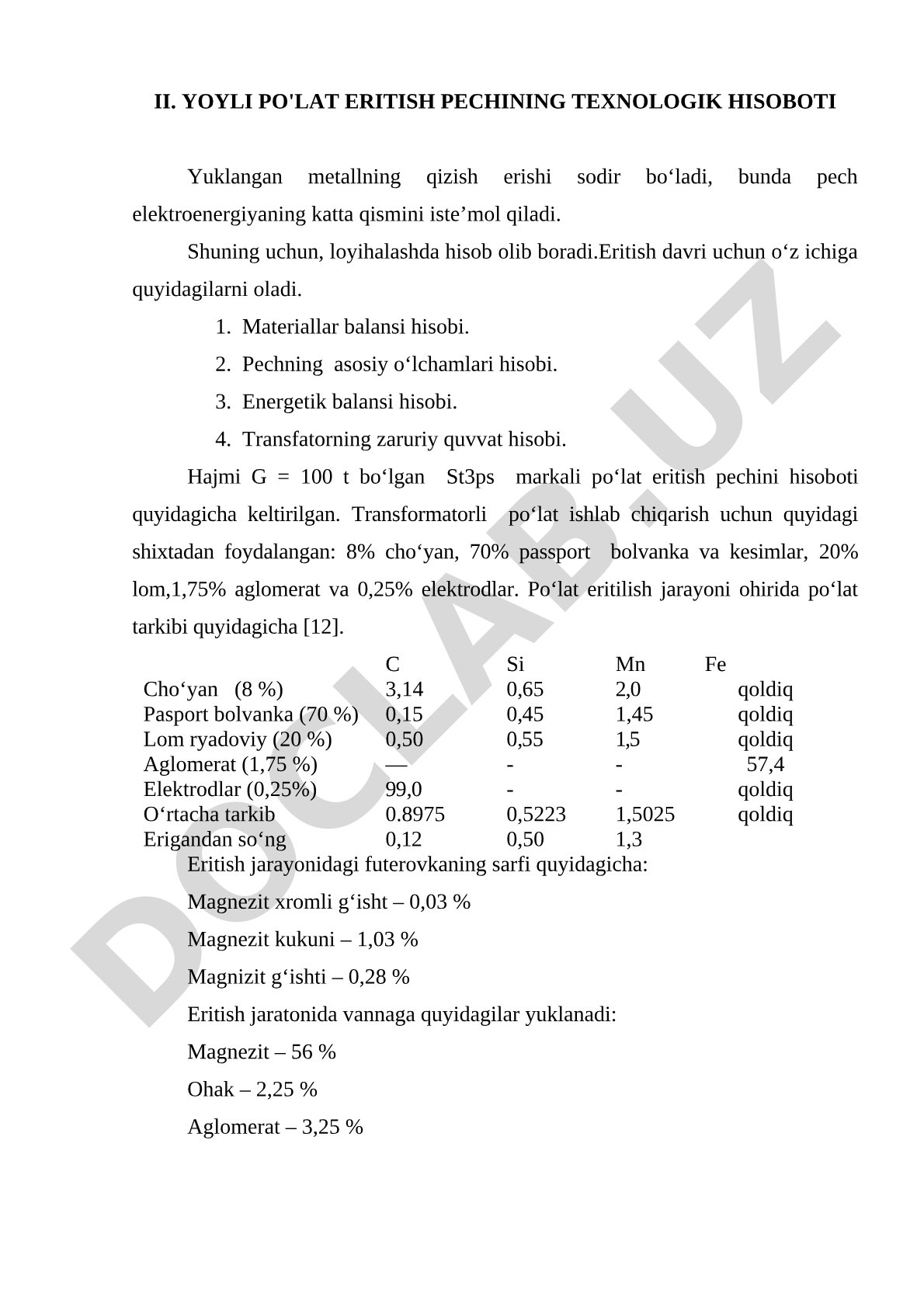 Yoyli po'lat eritish pechining texnologik hisoboti