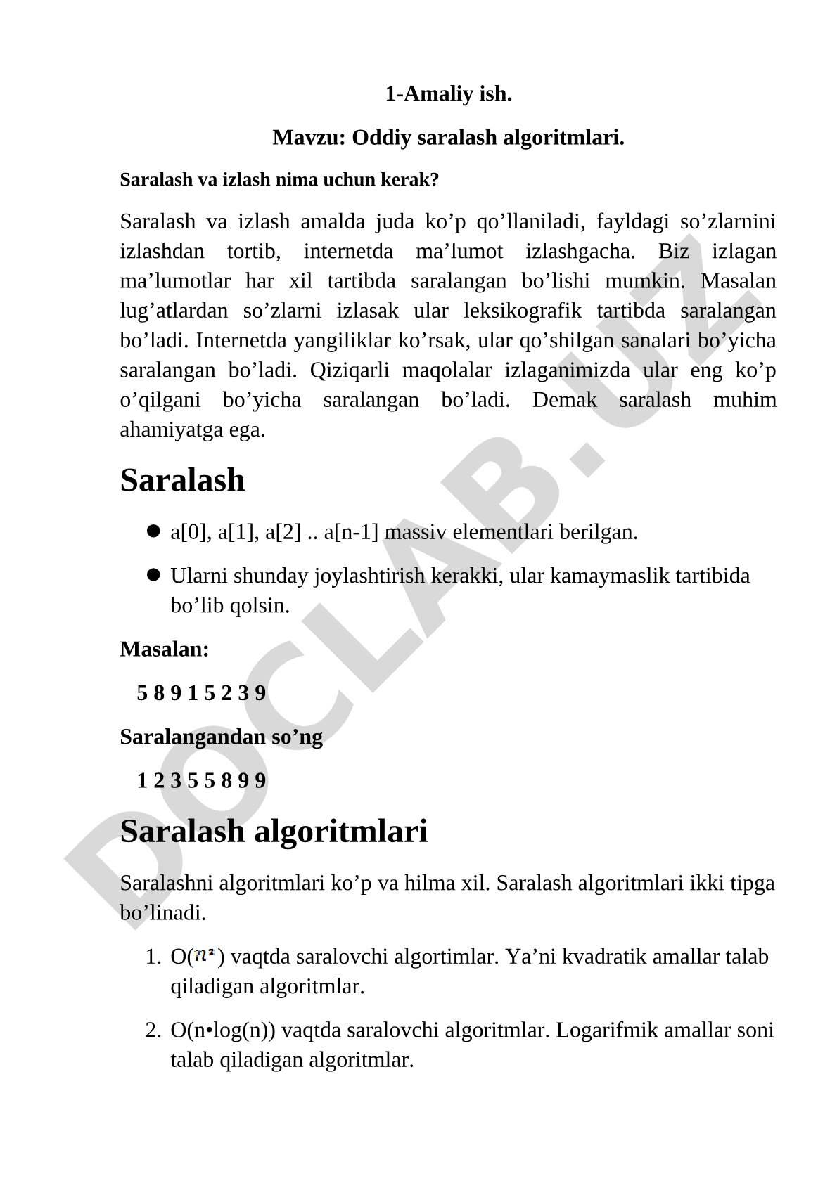 Oddiy saralash algoritmlari