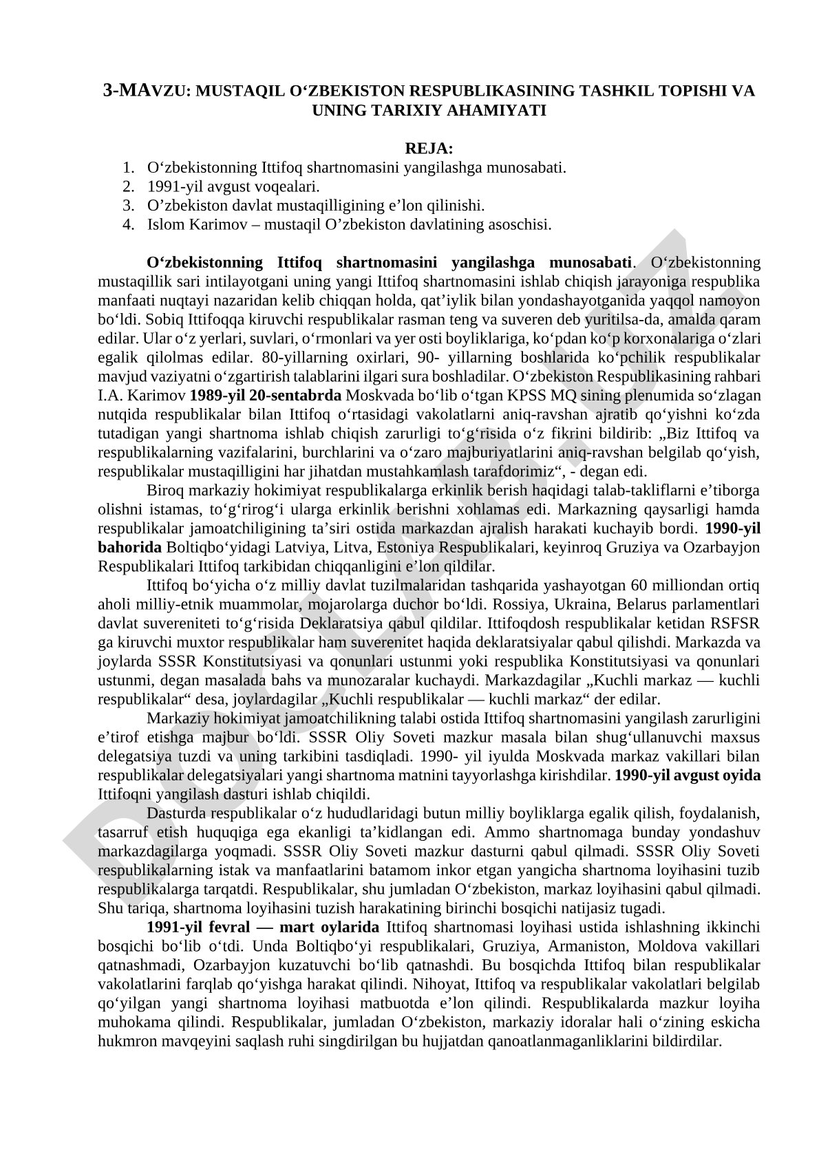 Mustaqil O‘zbekiston Respublikasining tashkil topishi va uning tarixiy ahamiyati