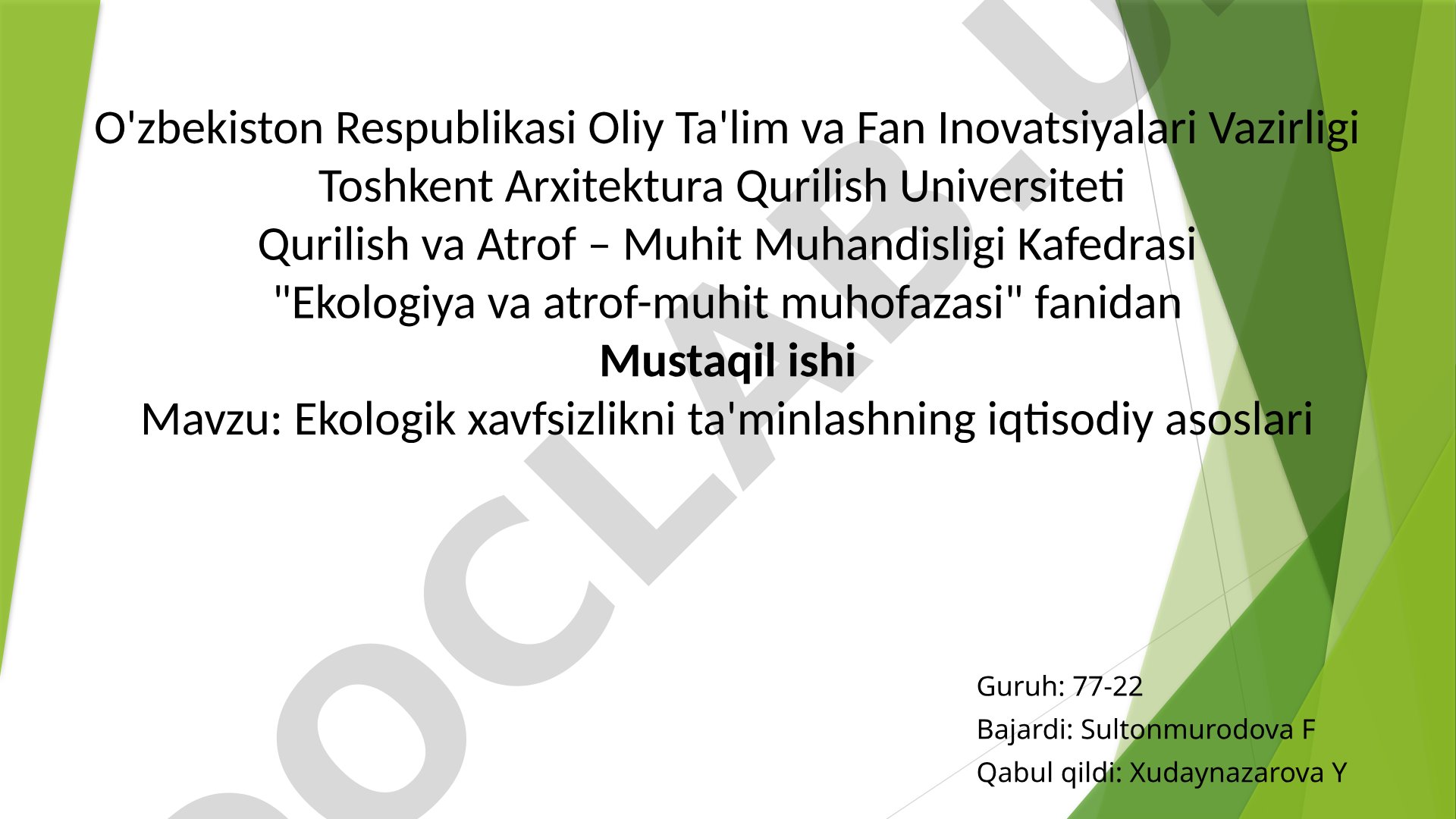 Ekologik xavfsizlikni ta'minlashning iqtisodiy asoslari