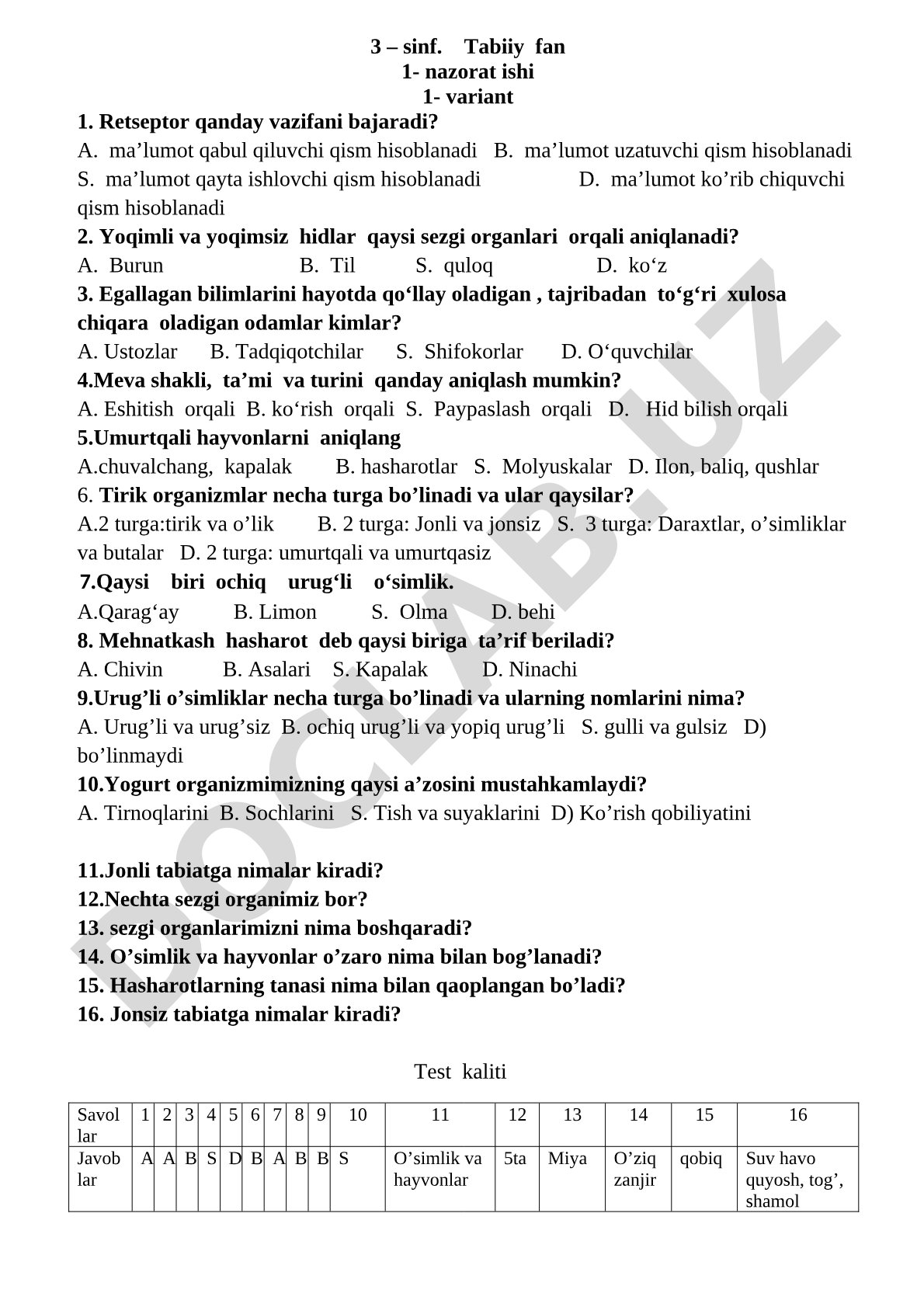3 – sinf. Tabiiy fan 1- nazorat ishi 1- variant
