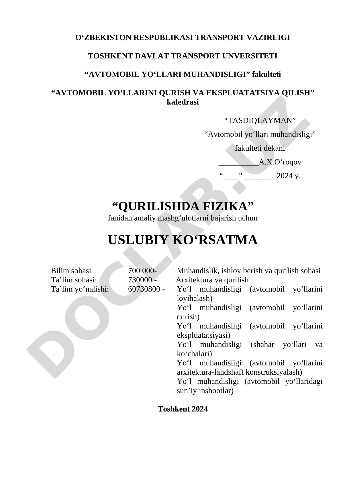 Qurilishda fizika fanidan amaliy mashg'ulotlar bo'yicha uslubiy ko'rsatma