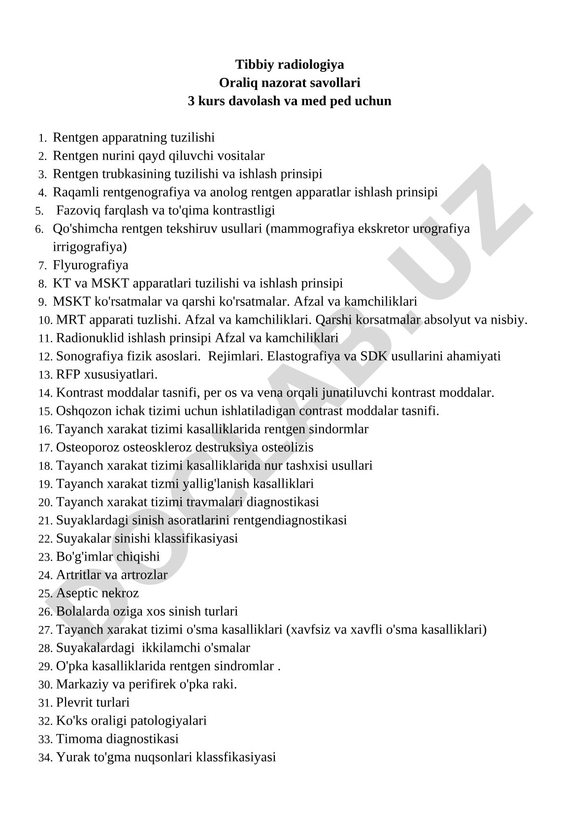 Tibbiy radiologiya Oraliq nazorat savollari