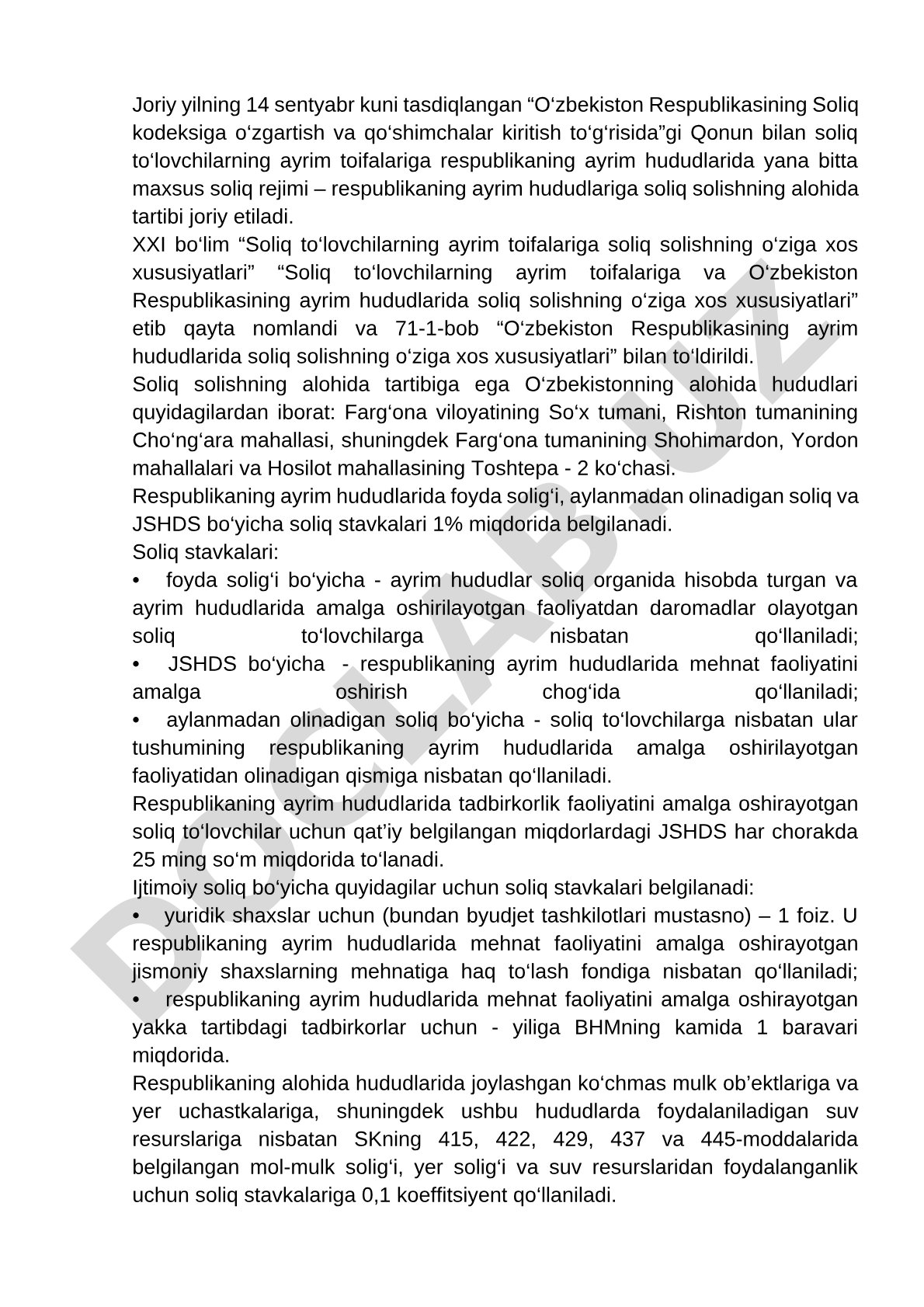 Ayrim hududlarda maxsus soliq rejimi joriy etilishi