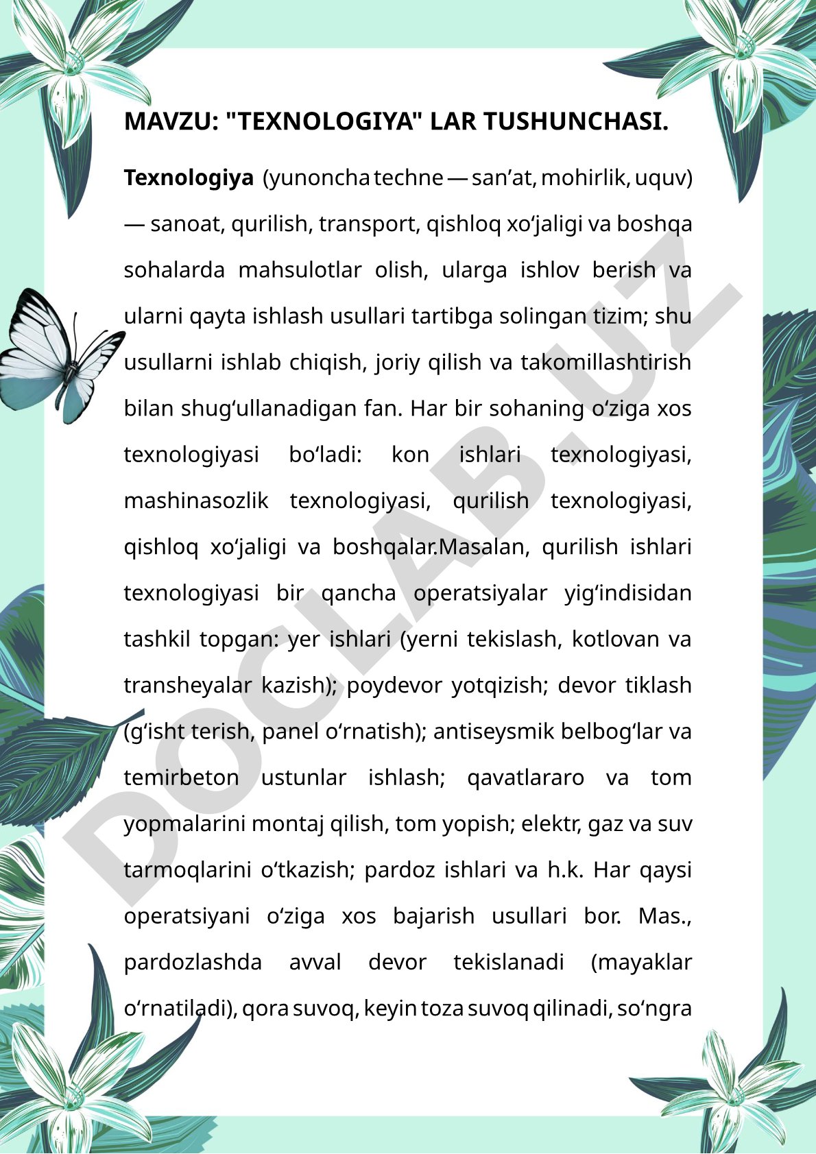 Texnologiya tushunchasi, uning turlari va qurilish texnologiyasi misolida tahlil