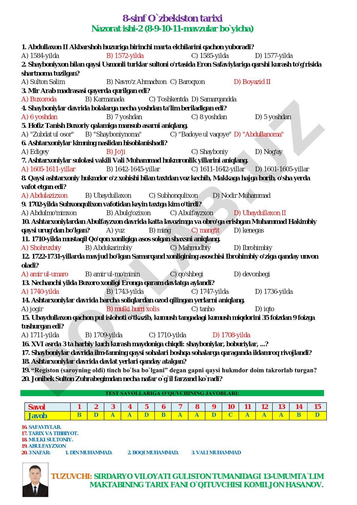 8-sinf O'zbekiston tarixi nazorat ishi-2 (8-9-10-11-mavzular bo'yicha)