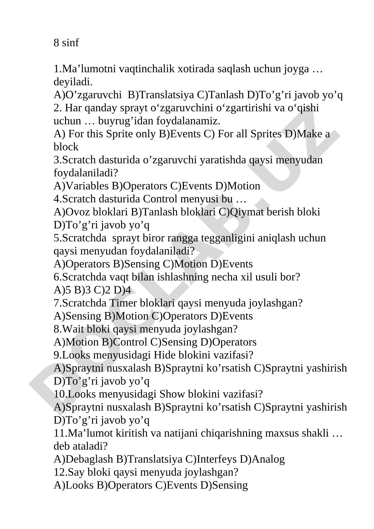 8-sinf Scratch dasturi bo'yicha test savollari