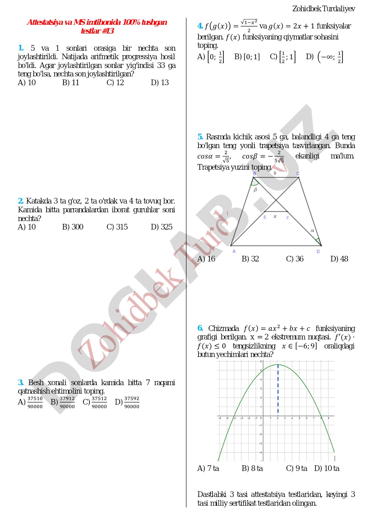 Attestatsiya va MS imtihonida tushgan matematika testlari