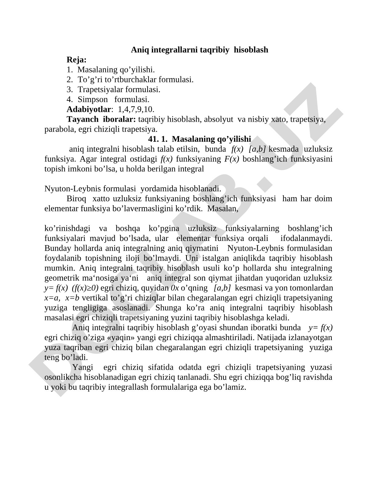 Aniq integrallarni taqribiy hisoblash