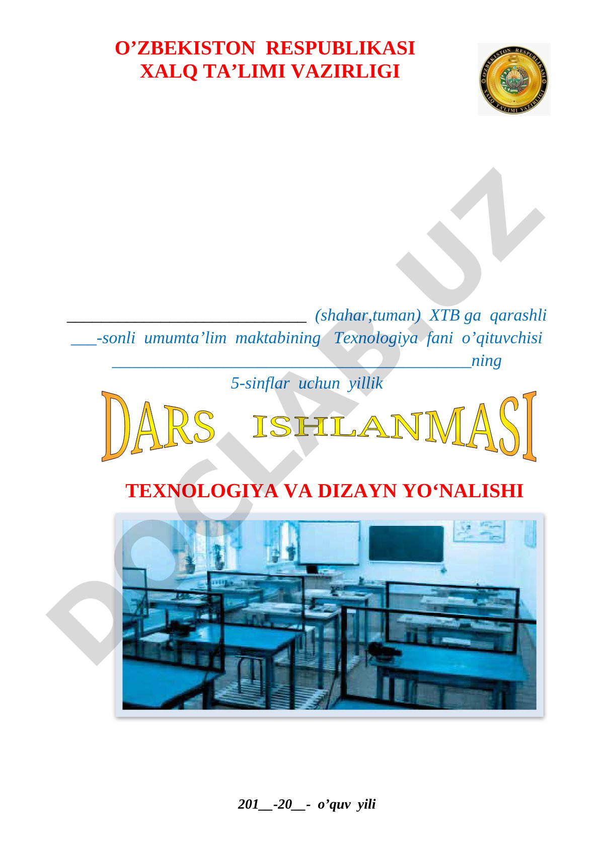 5-sinflar uchun yillik dars ishlanmasi Texnologiya va dizayn yo‘nalishi