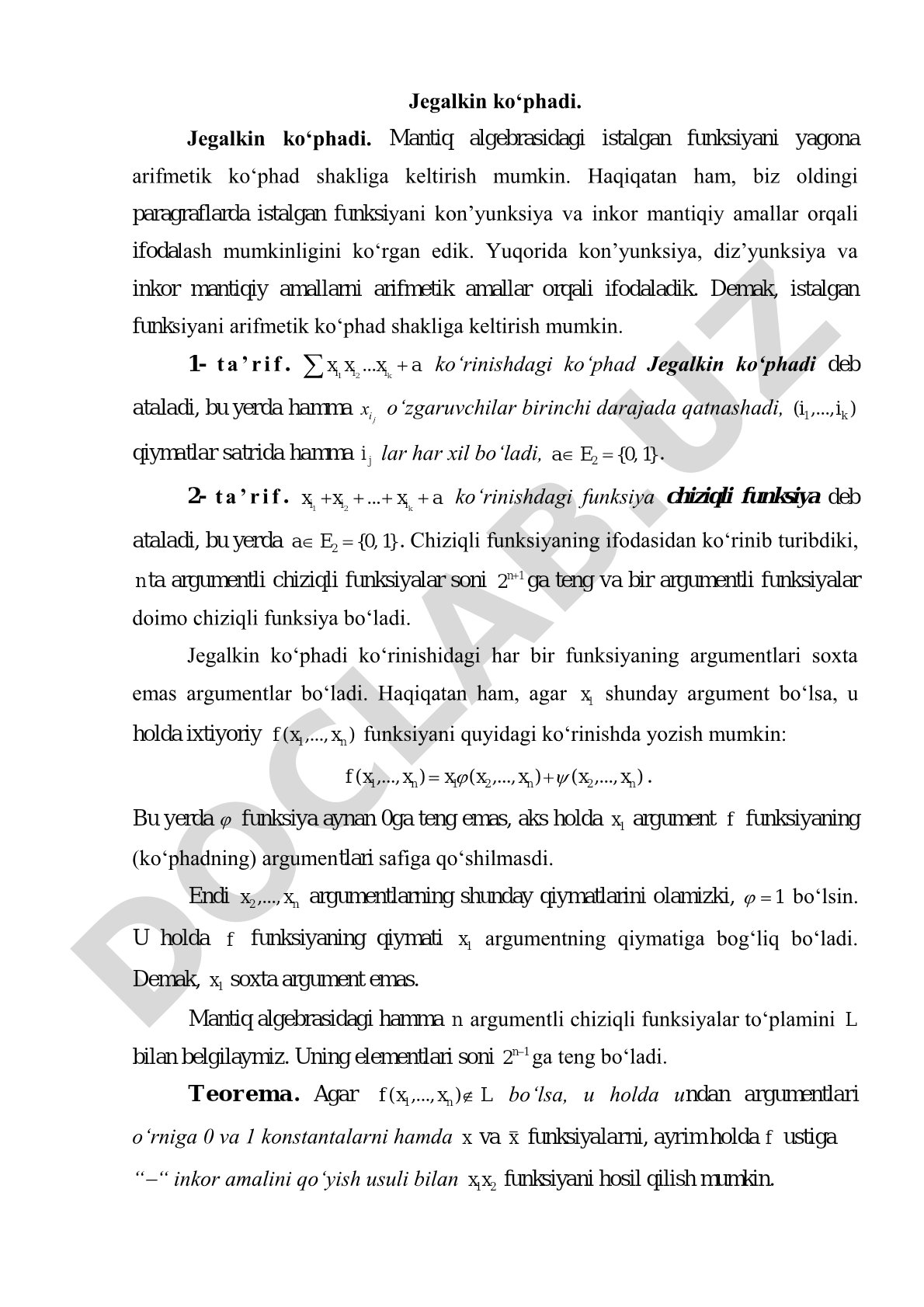 Jegalkin ko‘phadi va chiziqli funksiyalar