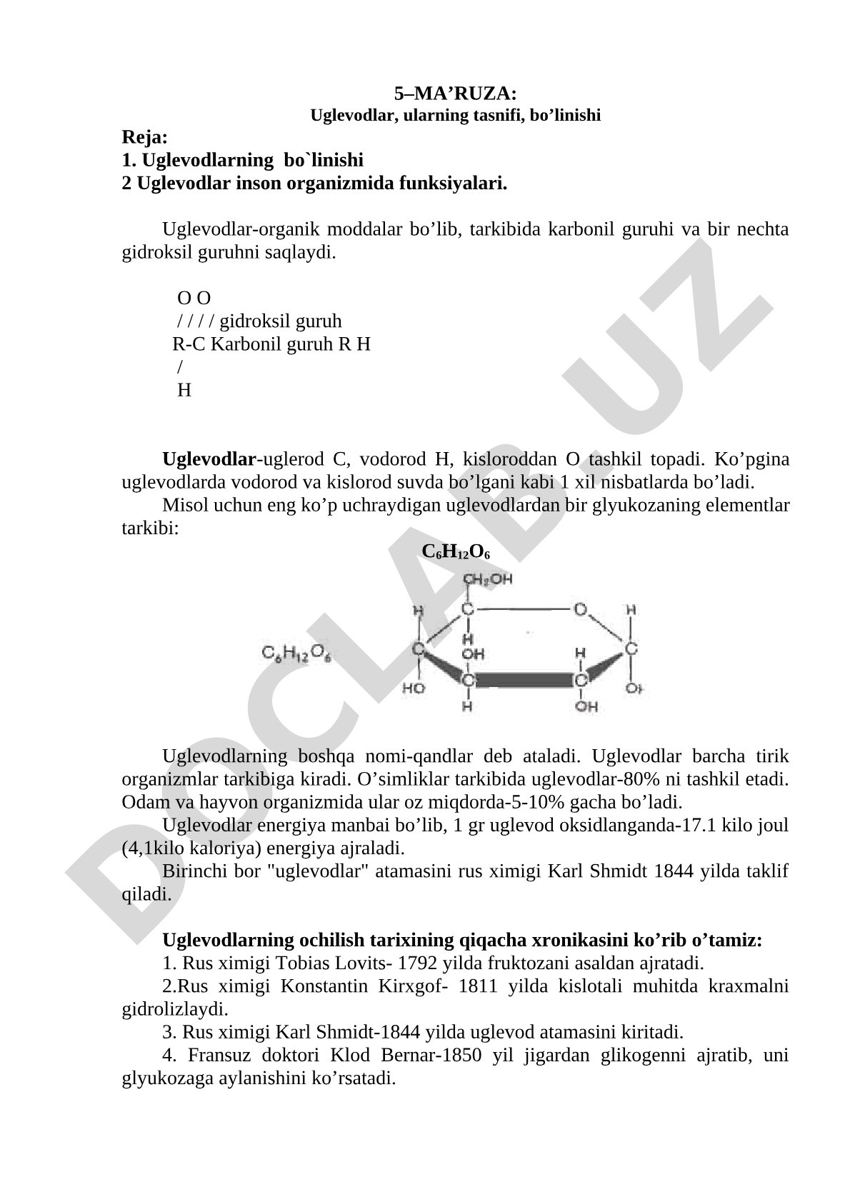 Uglevodlar, ularning tasnifi, bo’linishi