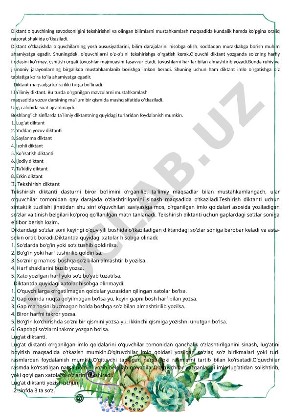 Diktantning turli turlari va o'qitish metodikasi