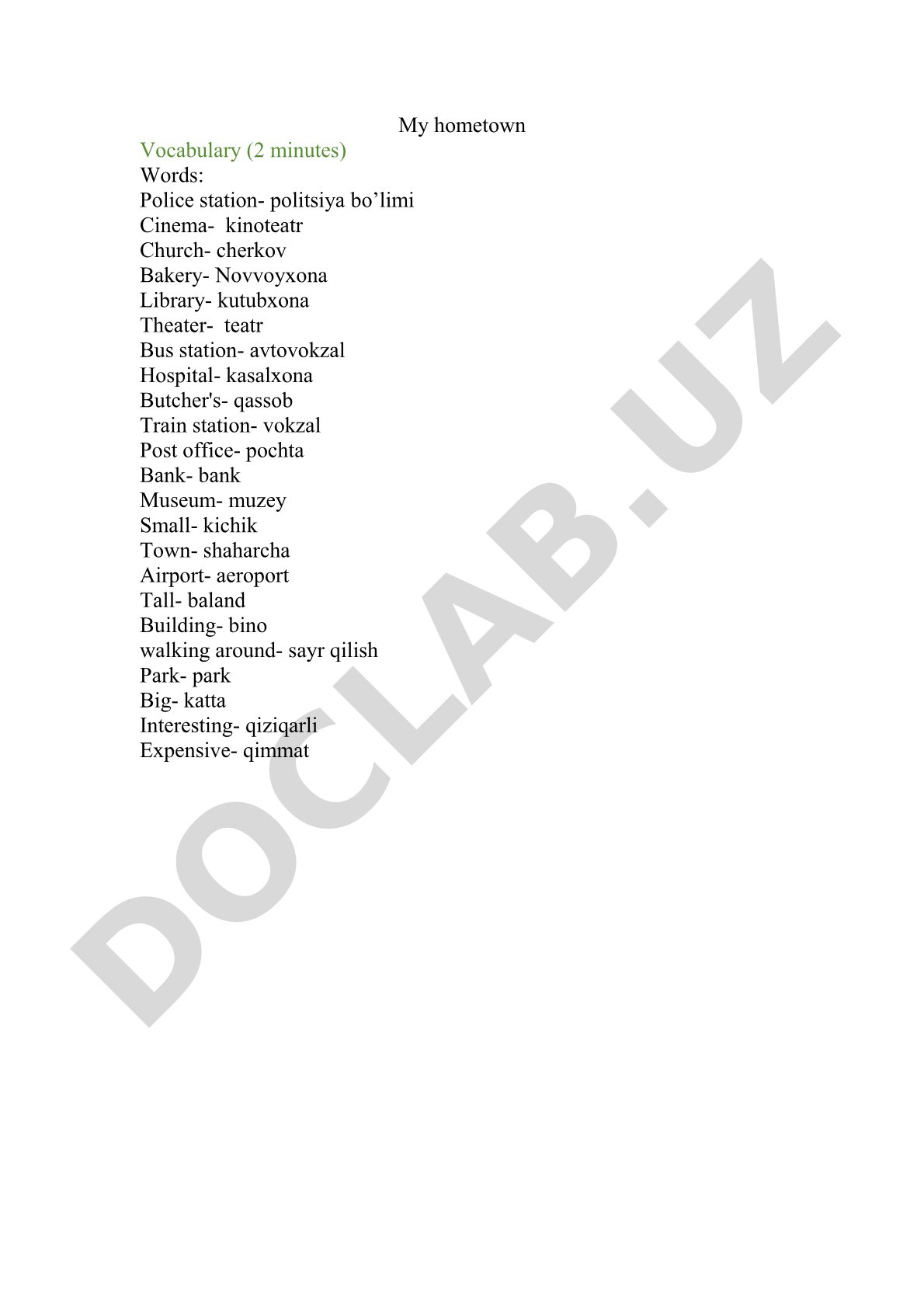 Vocabulary list of places in a town with Uzbek translations