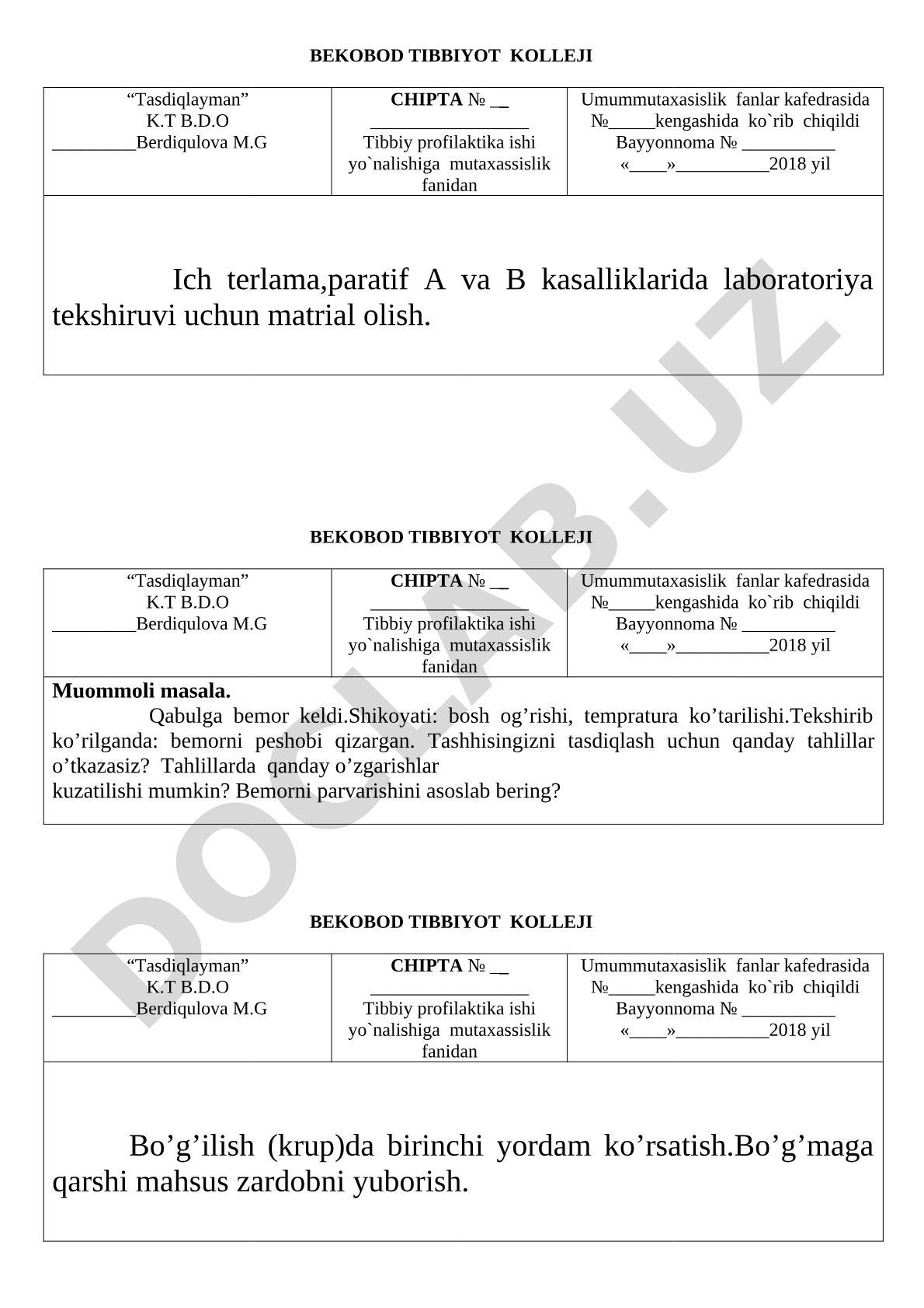 Ich terlama, paratif A va B kasalliklarida laboratoriya tekshiruvi uchun matrial olish