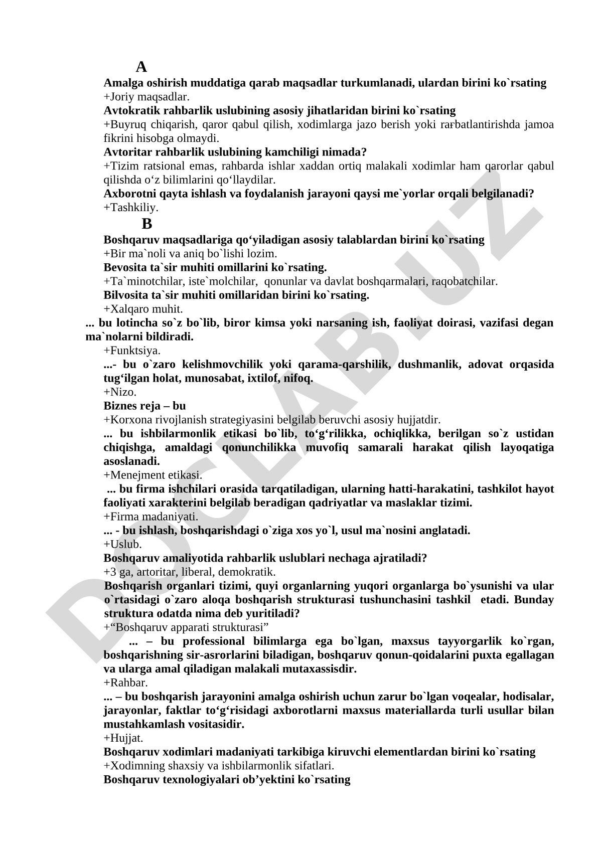 Boshqaruv fanidan test savollari