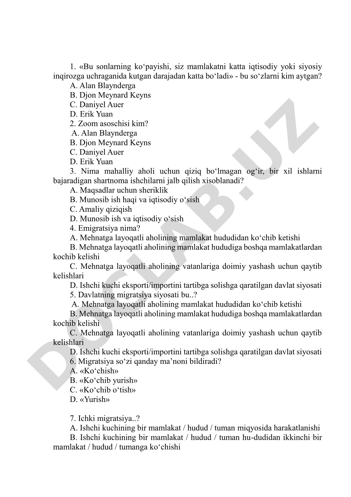 Migratsiya va iqtisodiyotga oid test savollari