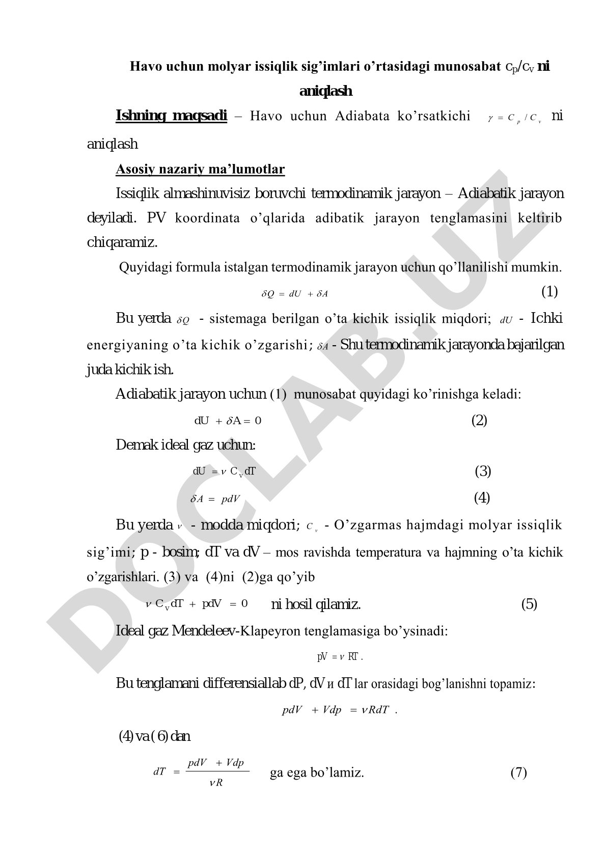 Havo uchun adiabata ko'rsatkichi cp/cv ni aniqlash