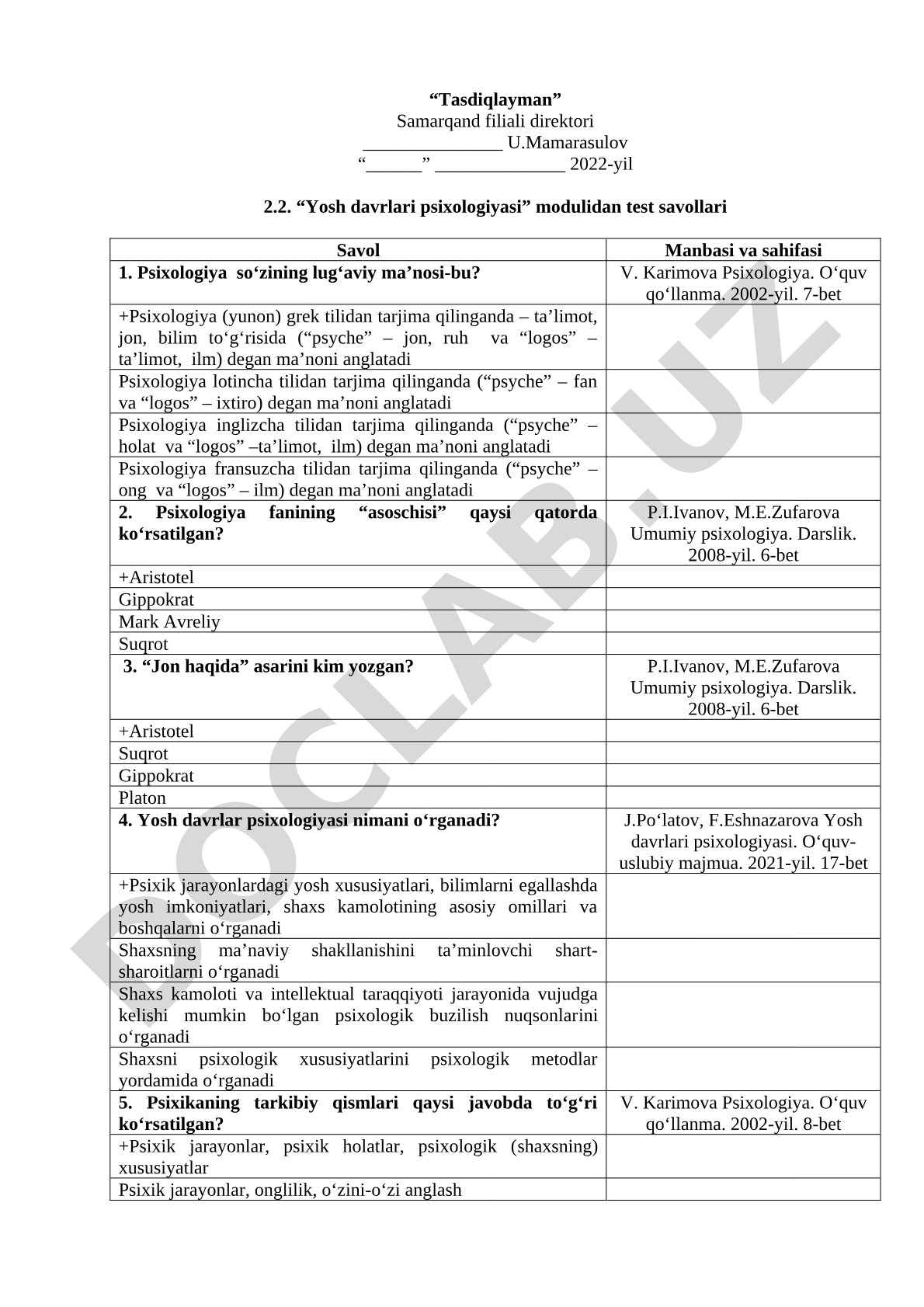 Yosh davrlari psixologiyasi modulidan test savollari