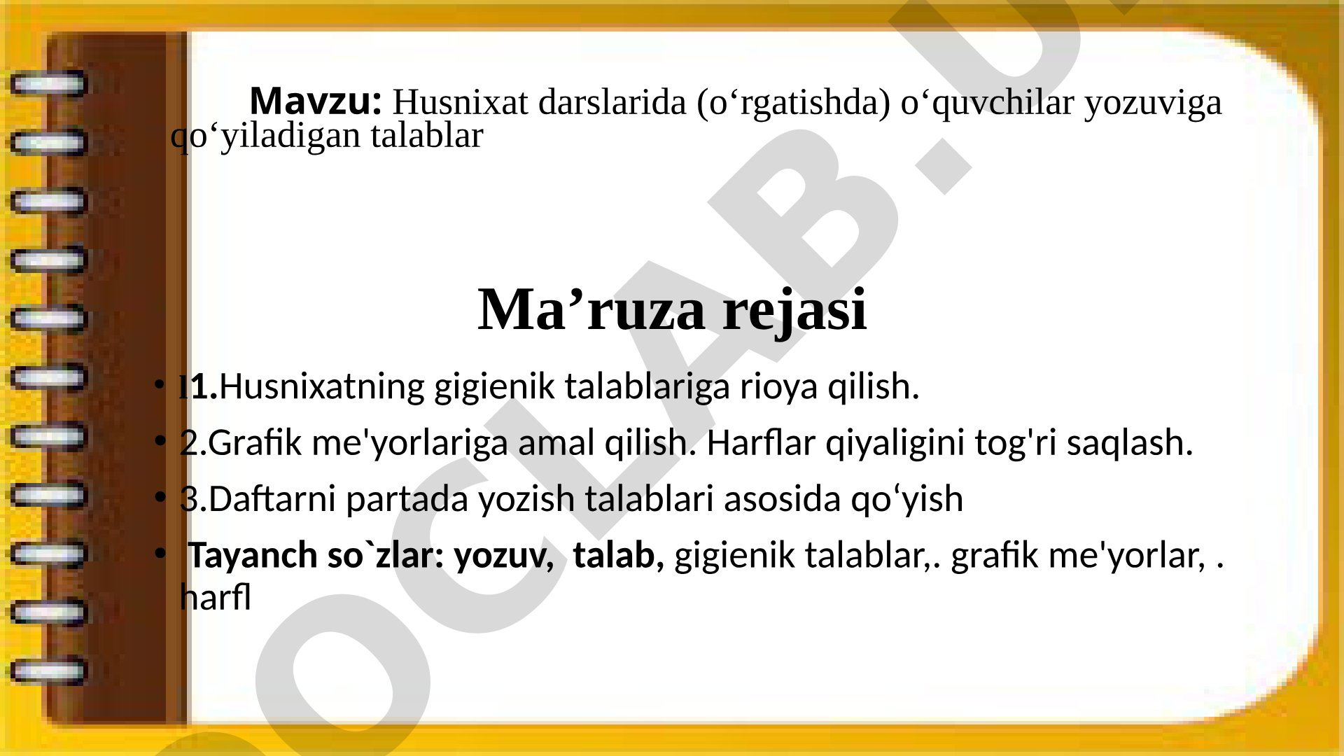 Husnixat darslarida o‘quvchilar yozuviga qo‘yiladigan talablar