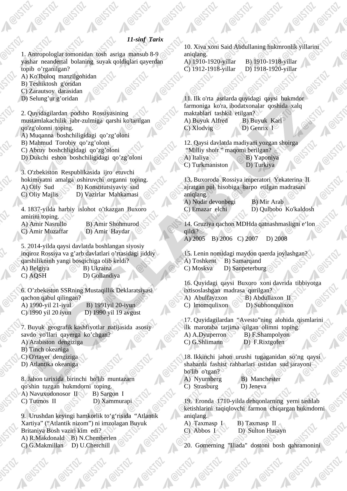 11-sinf tarix fanidan test savollari