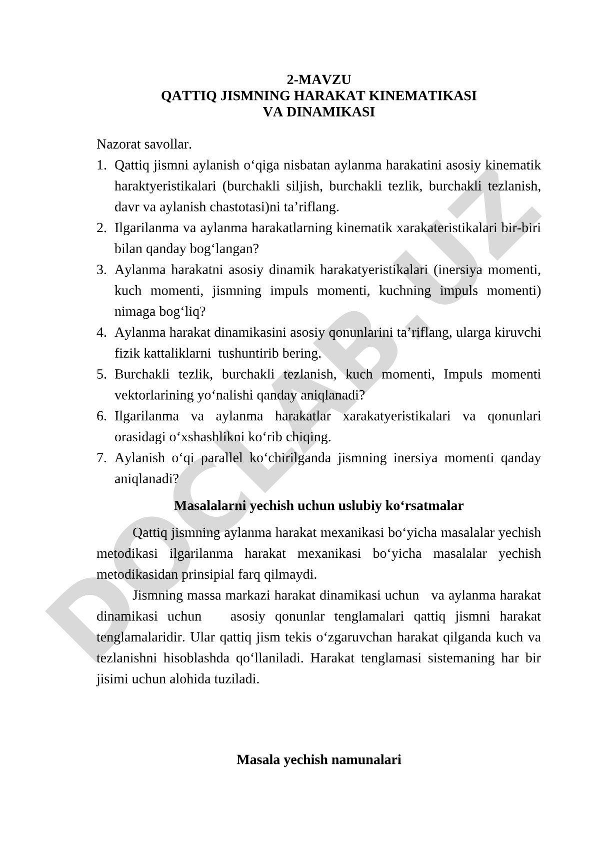 Qattiq jismning harakat kinematikasi va dinamikasi