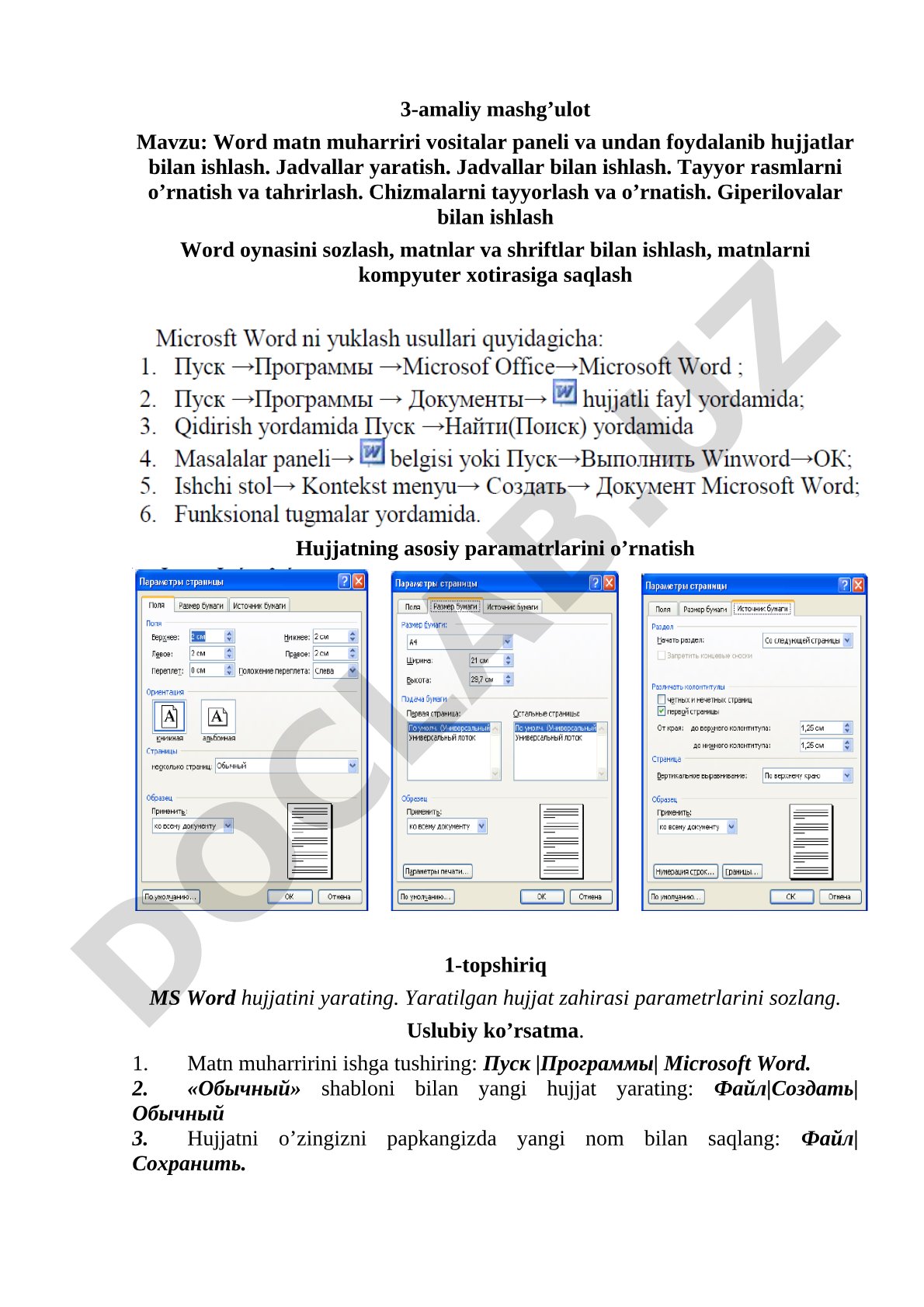 Word matn muharriri vositalar paneli va undan foydalanib hujjatlar bilan ishlash