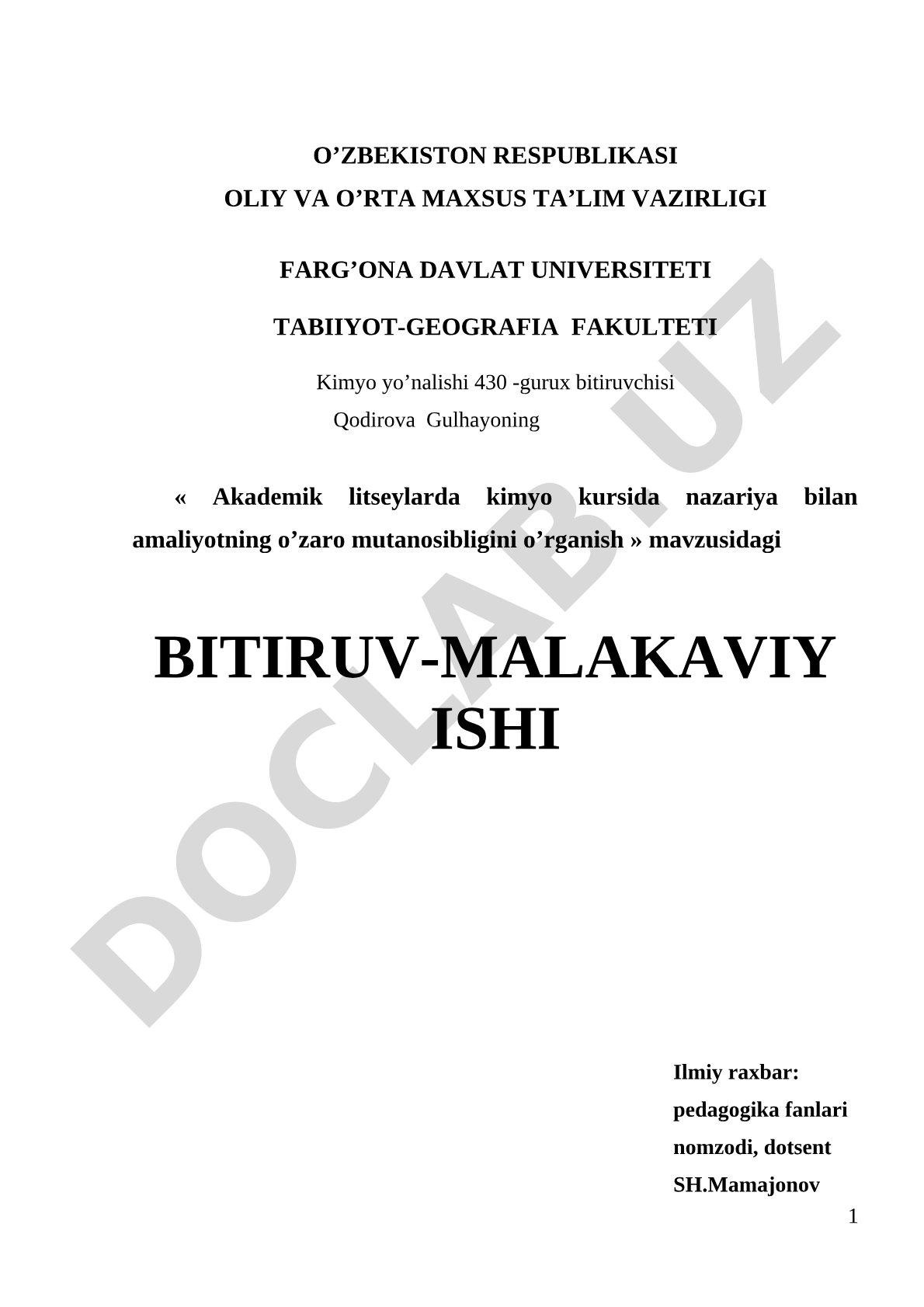 Akademik litseylarda kimyo kursida nazariya bilan amaliyotning o’zaro mutanosibligini o’rganish