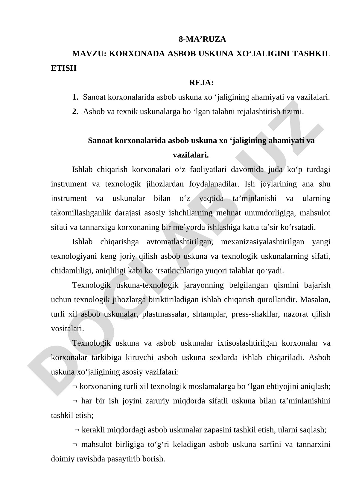 Korxonada asbob uskuna xo'jaligini tashkil etish