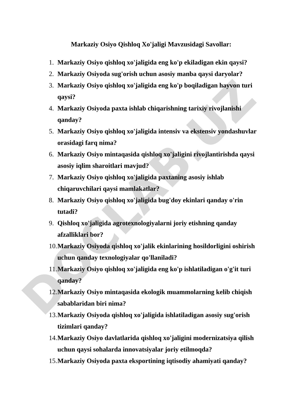 Markaziy Osiyo Qishloq Xo'jaligi Mavzusidagi Savollar