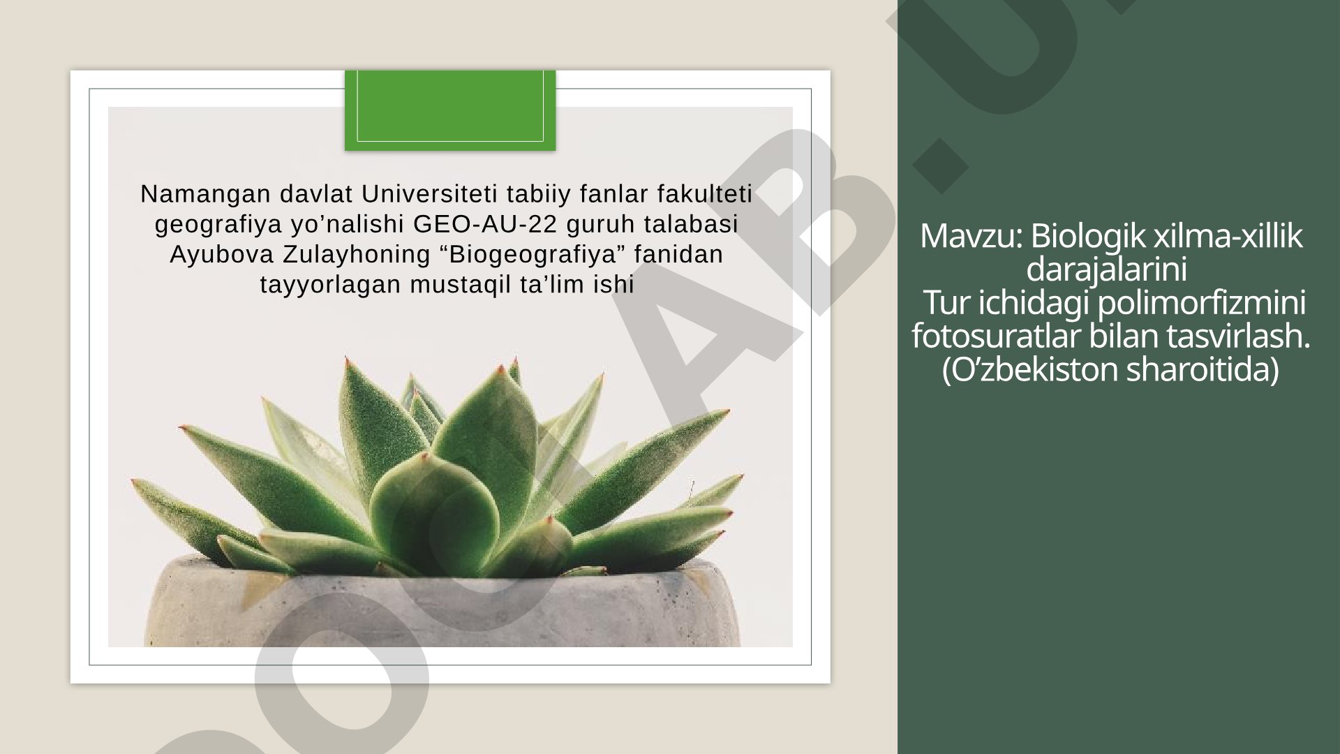 Biologik xilma-xillik darajalarini Tur ichidagi polimorfizmini fotosuratlar bilan tasvirlash. (O’zbekiston sharoitida)
