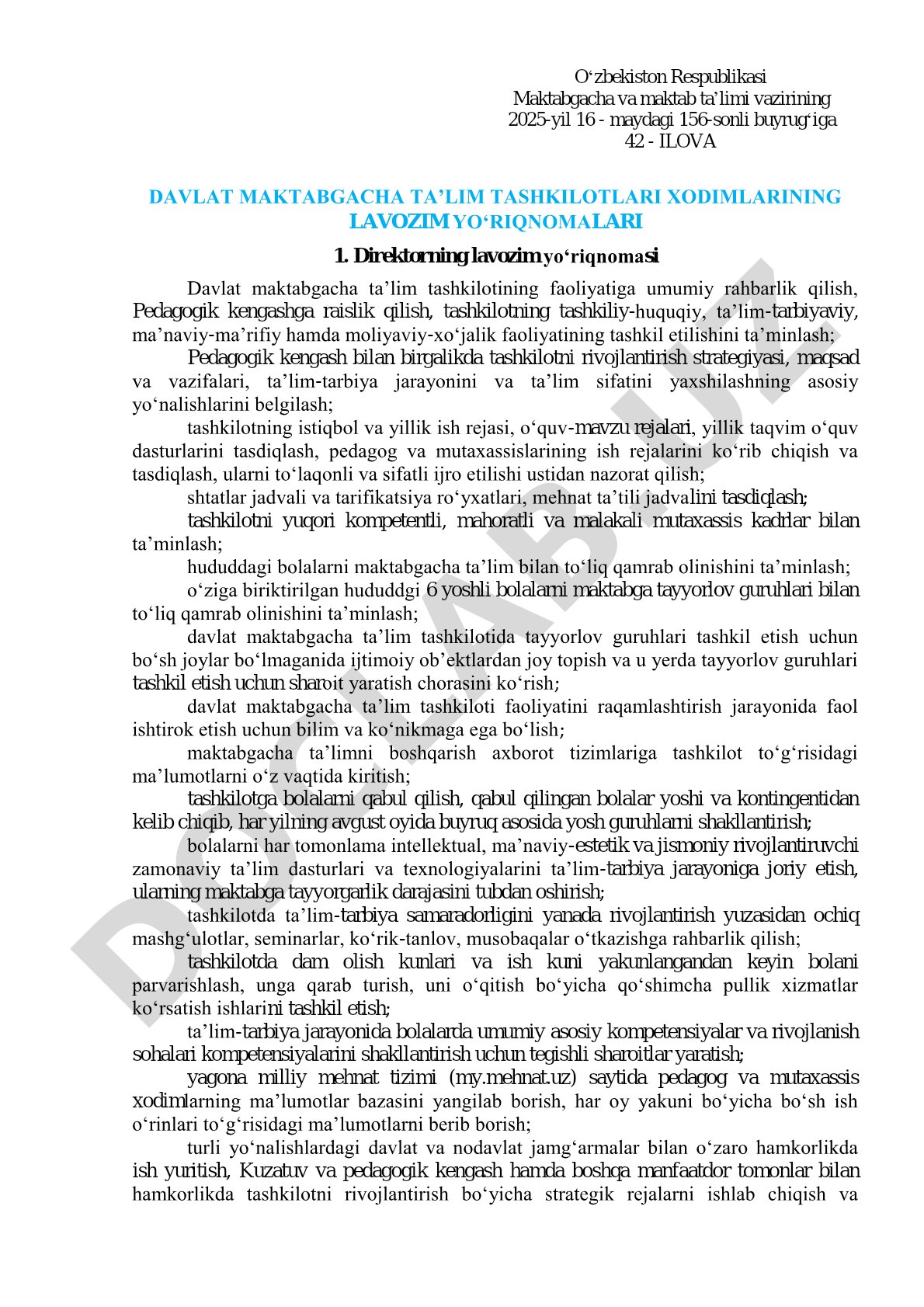 Davlat maktabgacha taʼlim tashkilotlari xodimlarining lavozim yoʻriqnomalari