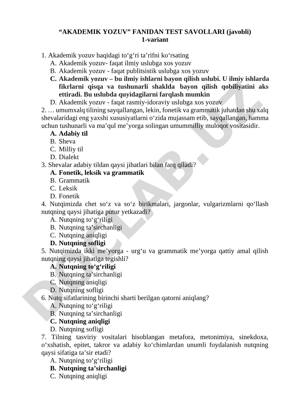 “AKADEMIK YOZUV” FANIDAN TEST SAVOLLARI (javobli) 1-variant