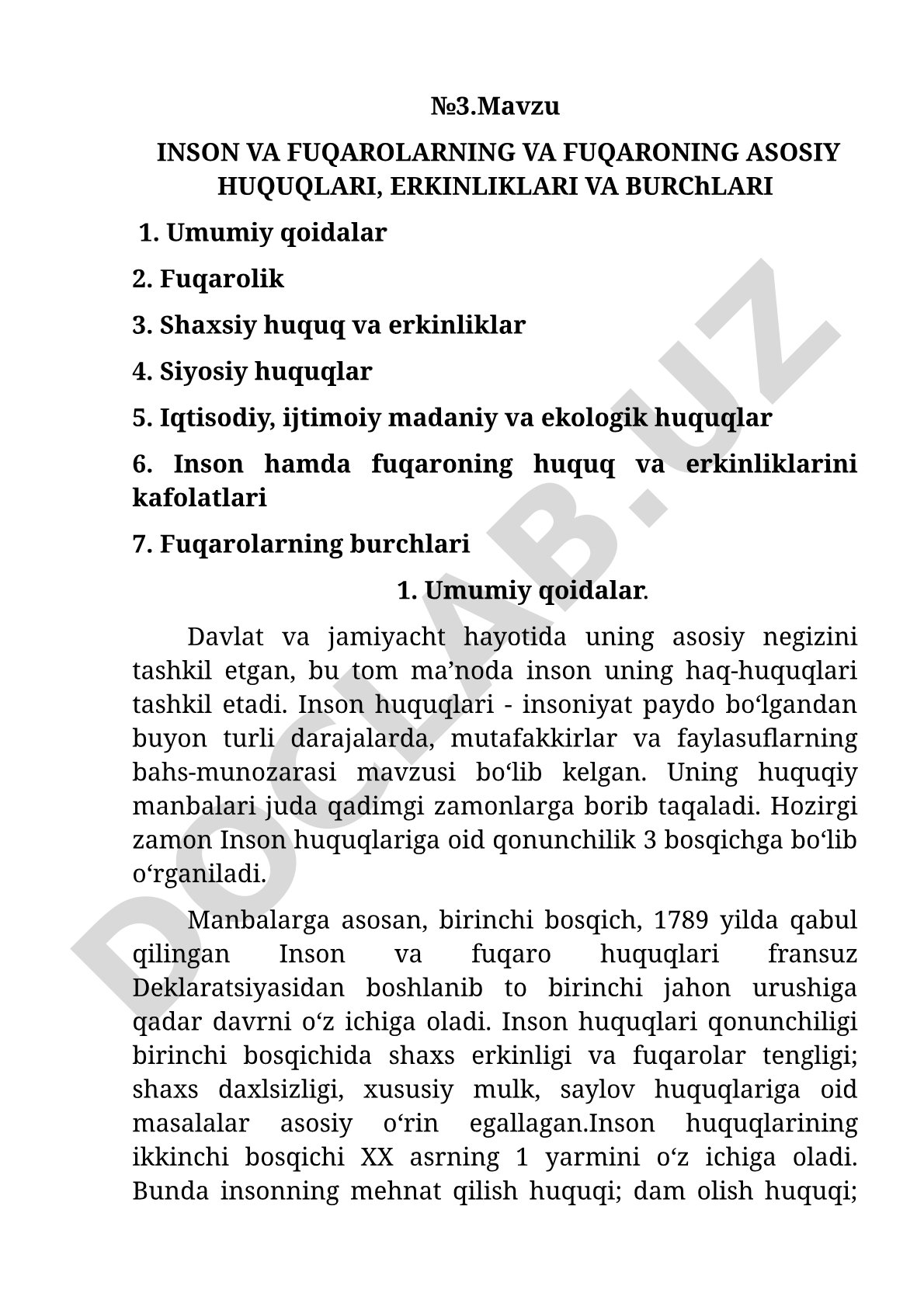 Inson va fuqarolarning va fuqaroning asosiy huquqlari, erkinliklari va burchlari