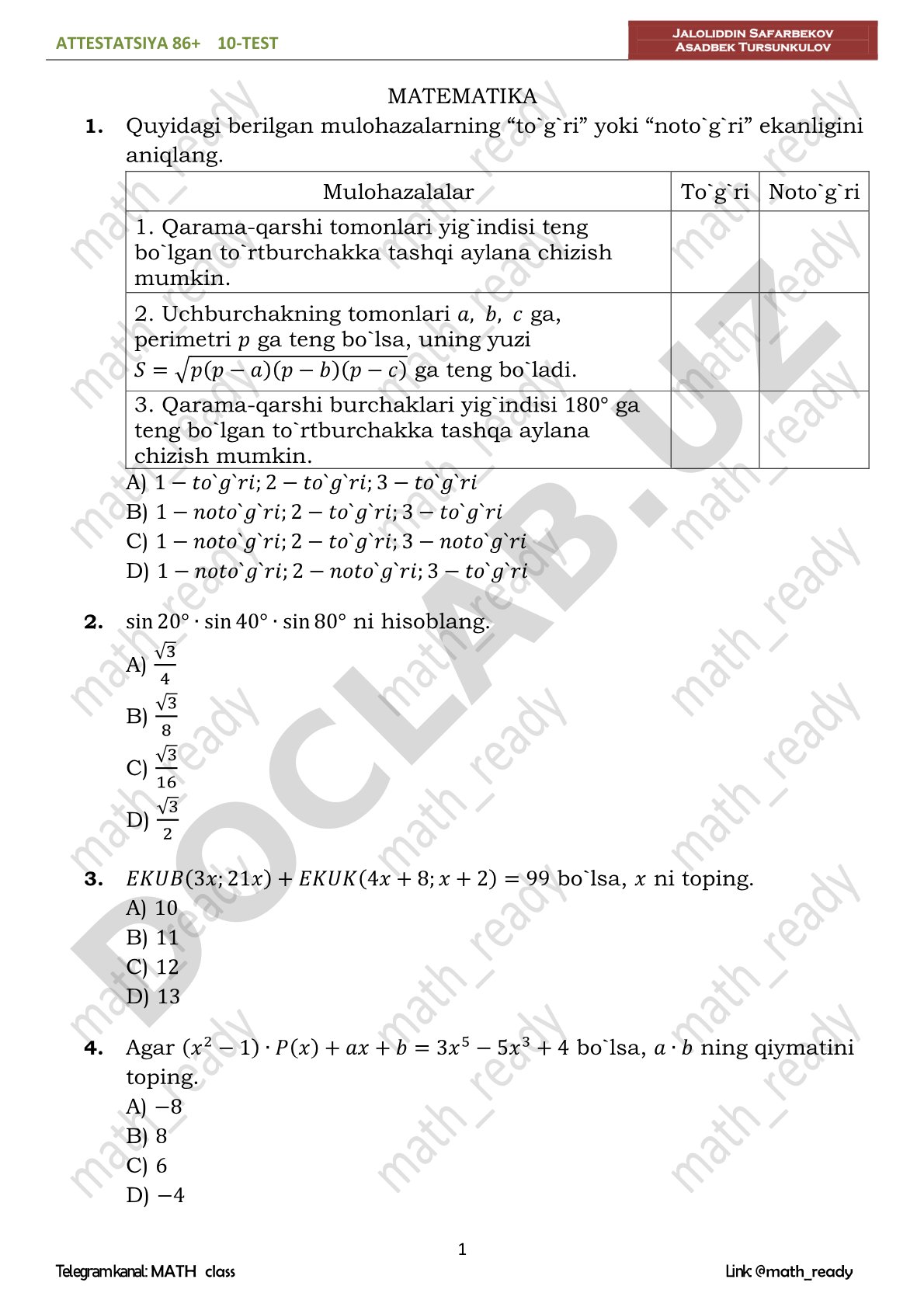 Matematika attestatsiya 10-test