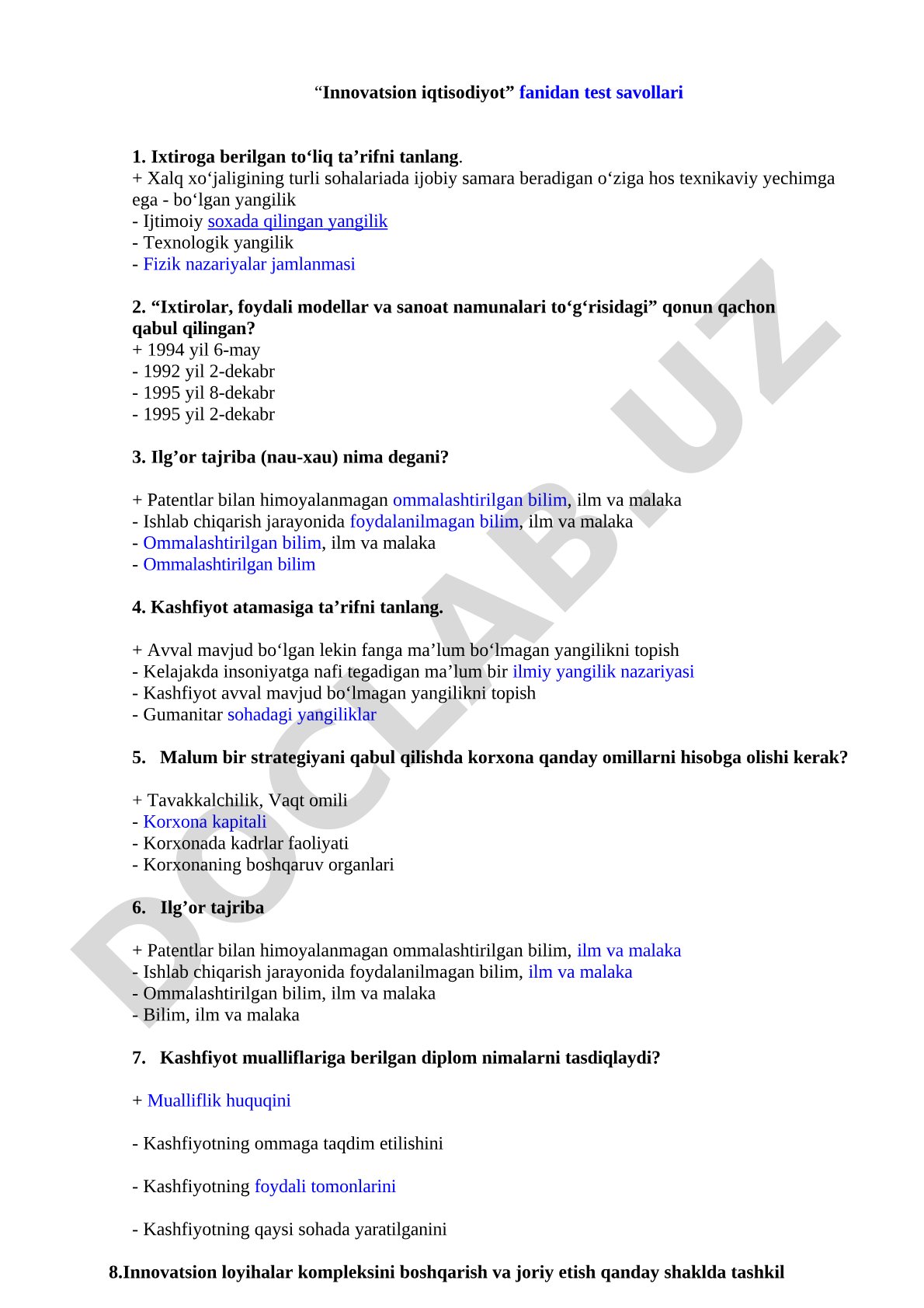 Innovatsion iqtisodiyot fanidan test savollari