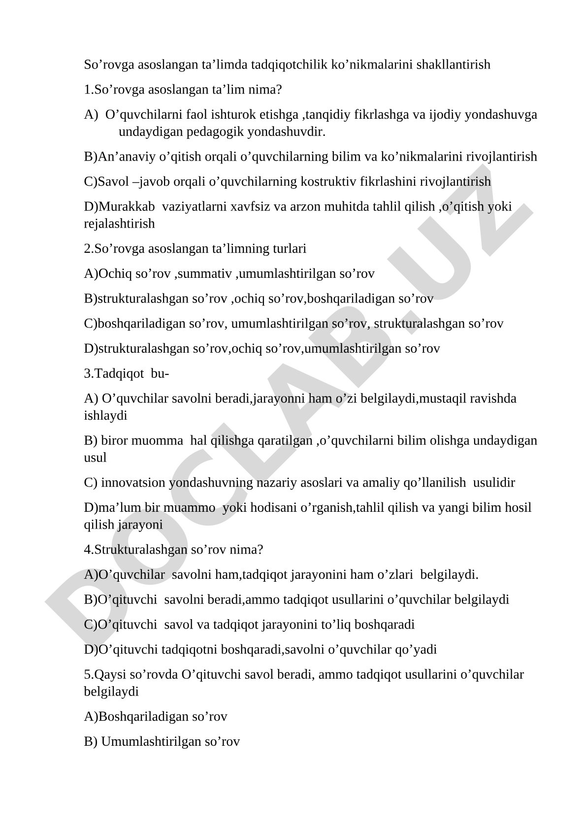 So'rovga asoslangan ta'limda tadqiqotchilik ko'nikmalarini shakllantirish