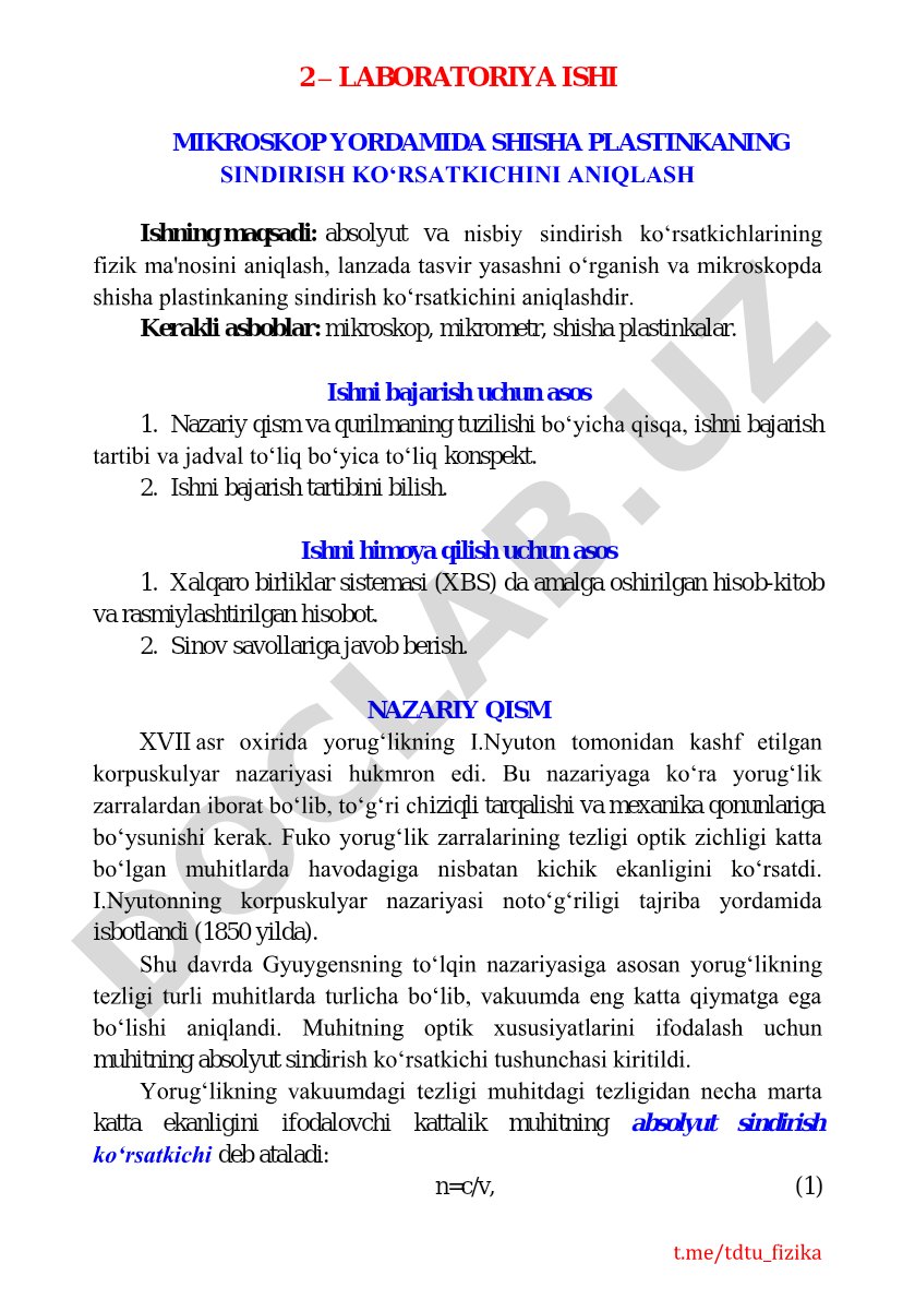 Mikroskop yordamida shisha plastinkaning sindirish ko'rsatkichini aniqlash