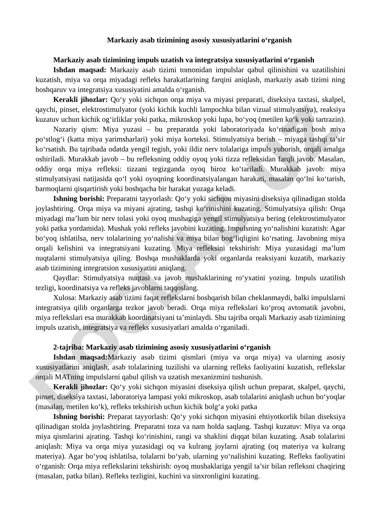 Markaziy asab tizimining impuls uzatish va integratsiya xususiyatlarini o‘rganish