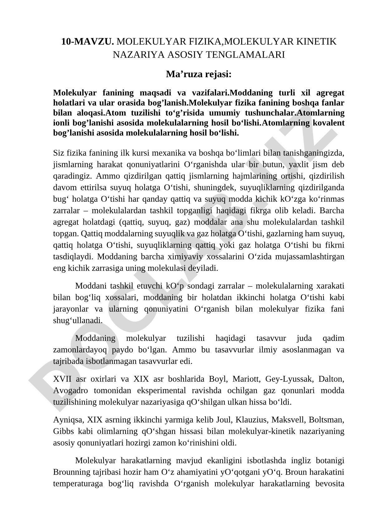Molekulyar fizika, molekulyar kinetik nazariya asosiy tenglamalari