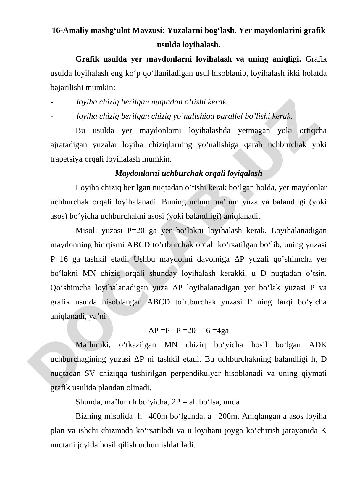 Yuzalarni bog‘lash va yer maydonlarini grafik usulda loyihalash