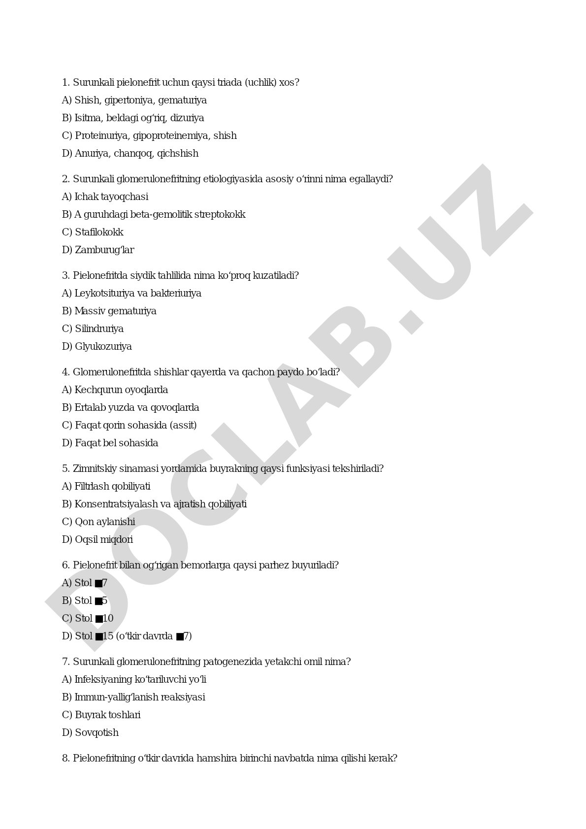 Surunkali pielonefrit va glomerulonefritga oid test savollari